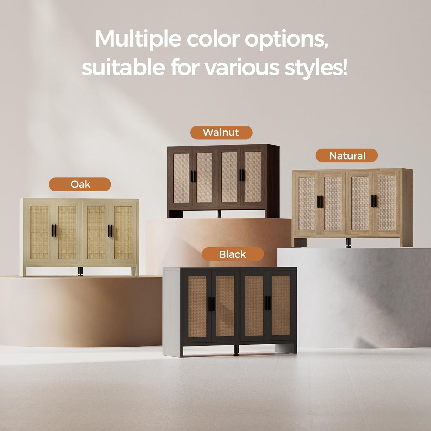 **Rattan Buffet Cabinet with Storage, Sideboard with Doors, TV Stand, Farmhouse Coffee Bar, Modern Wood Storage Cabinet for Living Room, Kitchen, or Dining Room, Black**