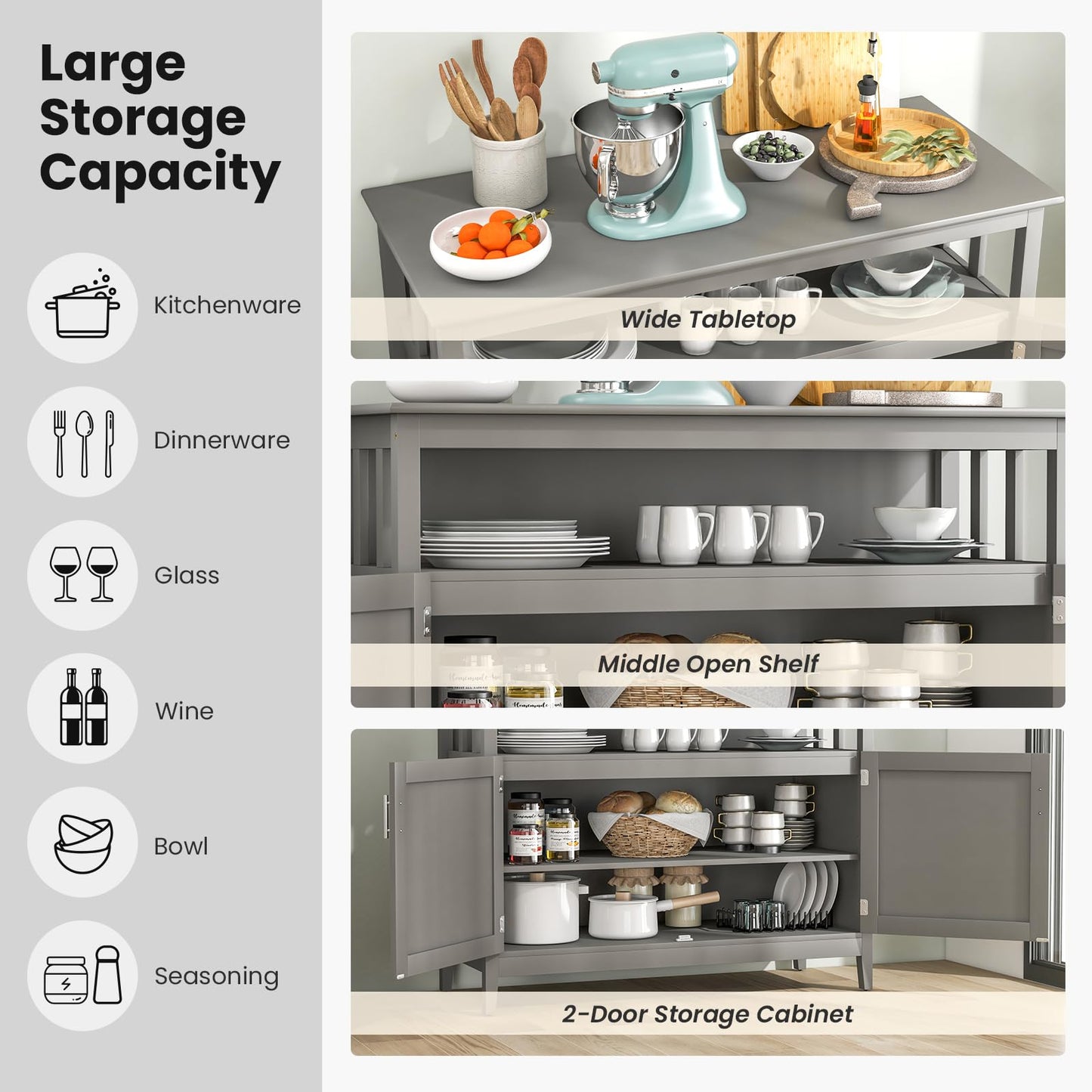 Freestanding Buffet Cabinet with Adjustable Shelf, Kitchen Storage Sideboard Console Table, 45" x 20" x 36", Grey