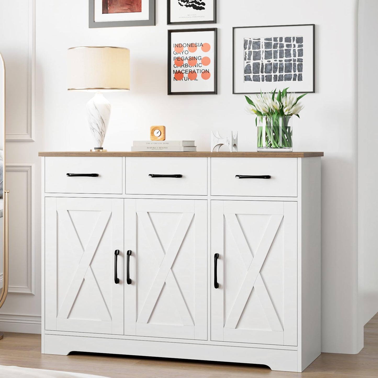 **HOSTACK Modern Farmhouse Sideboard Buffet Cabinet with Barn Doors, Drawers, and Shelves, Wood Coffee Bar Storage Cabinet for Kitchen, Dining Room, or Living Room, White**