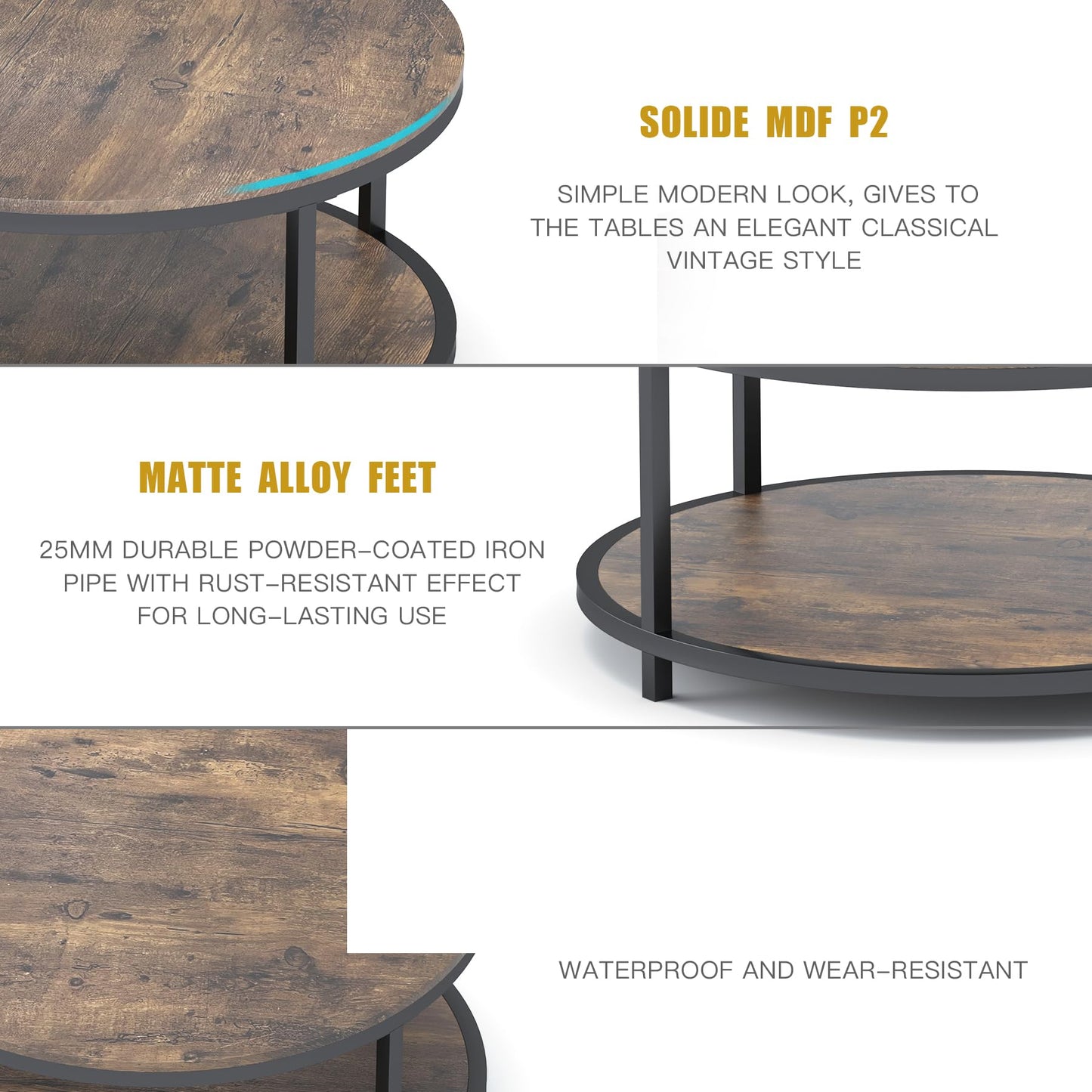 NSdirect 36" Round Coffee Table for Living Room – Rustic Brown Wooden Top with Sturdy Metal Legs, 2-Tier Industrial Sofa Table with Open Storage Shelf, Modern Home Furniture