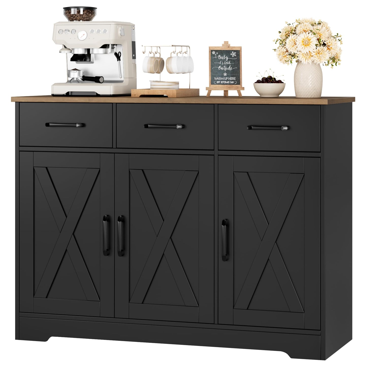 **HOSTACK Modern Farmhouse Buffet Sideboard Cabinet with Barn Doors, Drawers, and Shelves, Wood Coffee Bar Storage Cabinet for Dining Room, Kitchen, or Living Room, Ash Grey**