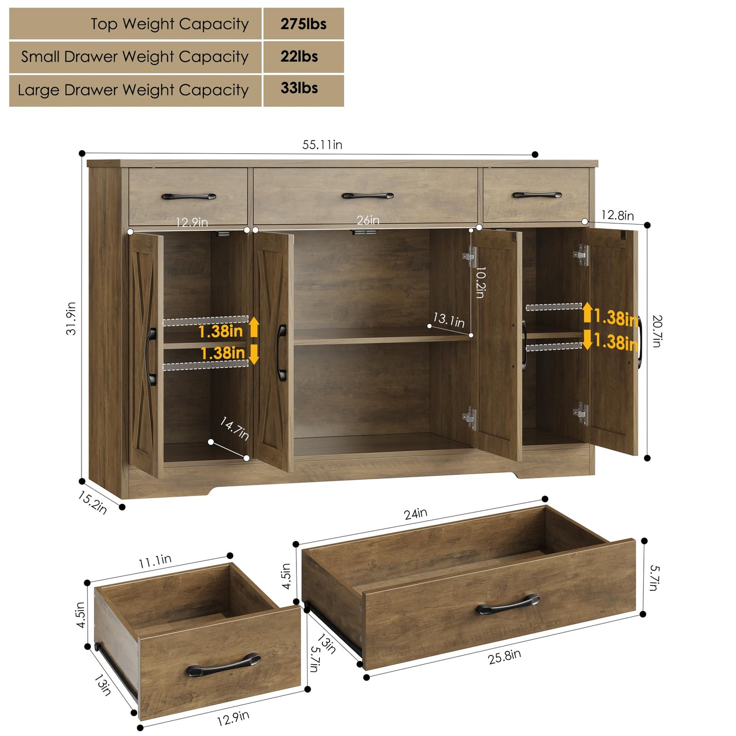 55" Large Buffet Sideboard Cabinet with Drawers, Shelves, and Doors, Modern Farmhouse Coffee Bar Station for Kitchen or Dining Room, Rustic Brown