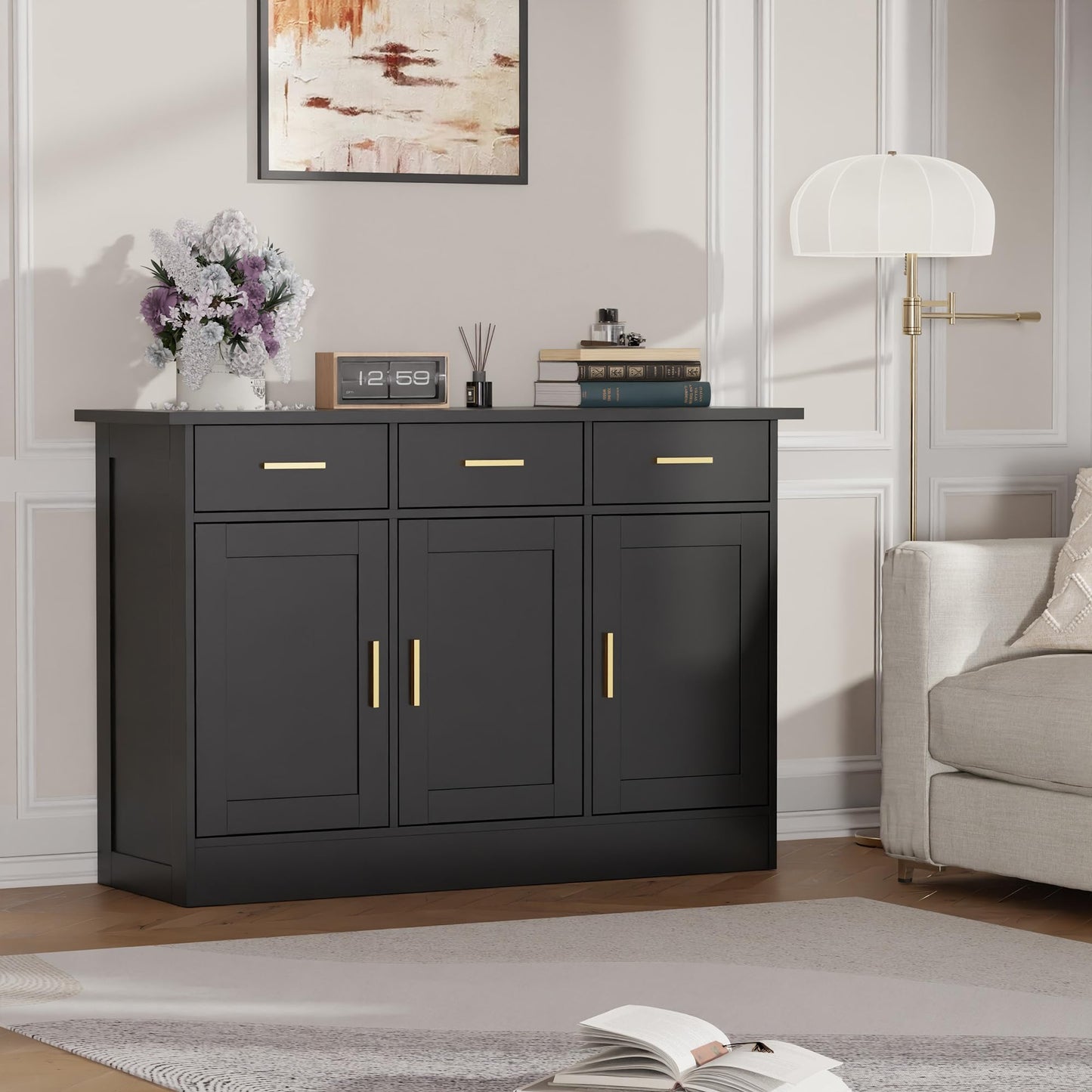 Modern Narrow Sideboard Cabinet with Marble Top, White Buffet Storage Cabinet for Kitchen or Living Room