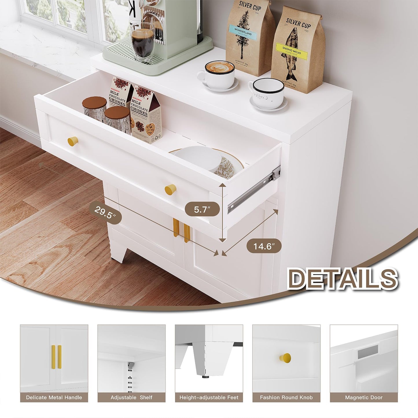 Metal Sideboard Cabinet with Large Drawers and Adjustable Shelf, Farmhouse Coffee Bar Buffet Storage for Kitchen, Dining Room, or Entryway, White