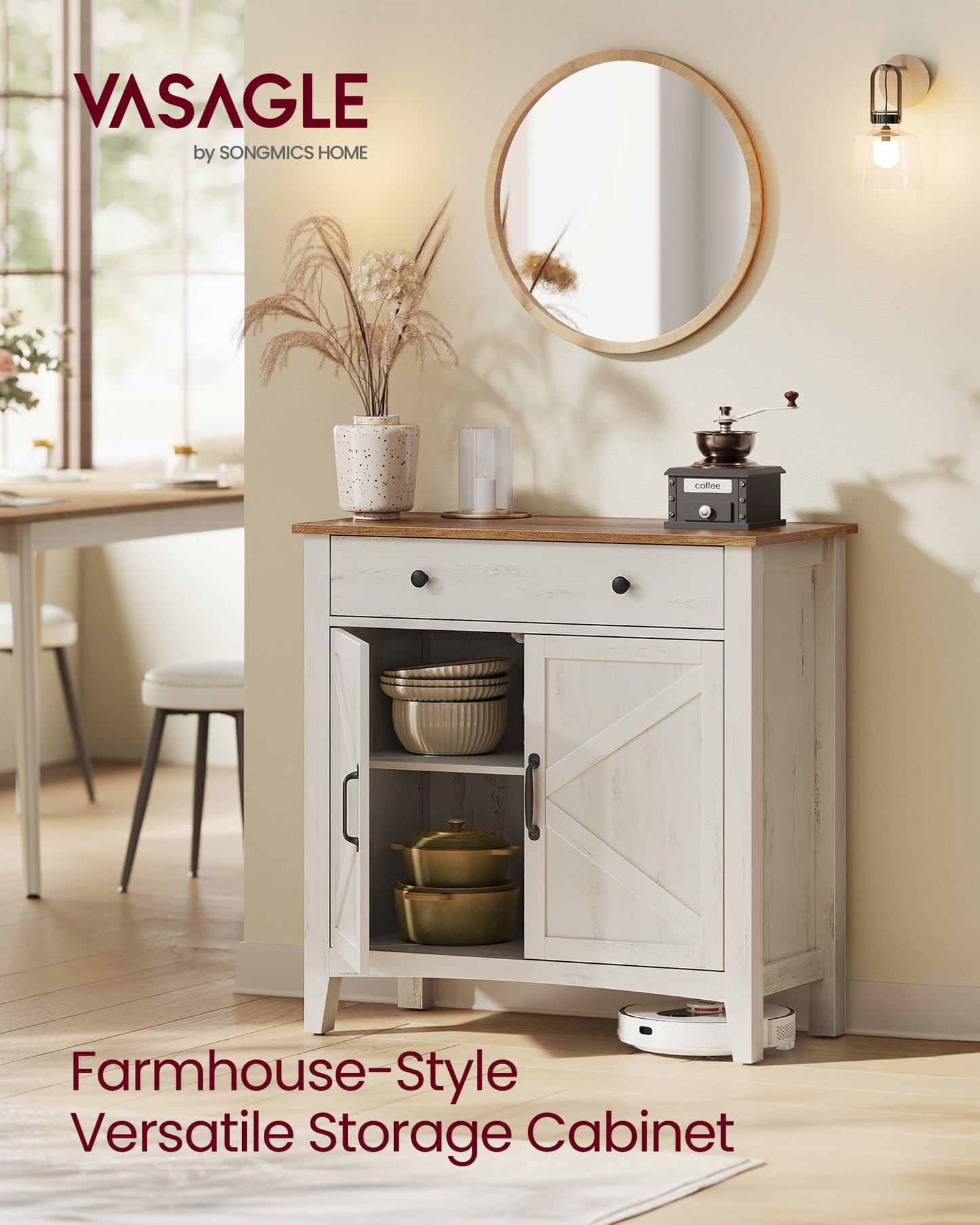 **Buffet Cabinet, Coffee Bar Cabinet with Drawer, Adjustable Shelf, Sideboard Storage with Cable Hole and Drawer Divider, Rustic White and Honey Brown**