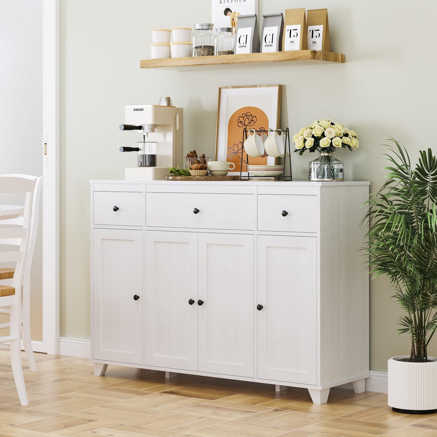 47" White Buffet Cabinet with 3 Drawers, 4 Doors, and Adjustable Shelves, Modern Coffee Bar Sideboard for Kitchen, Dining, or Living Room