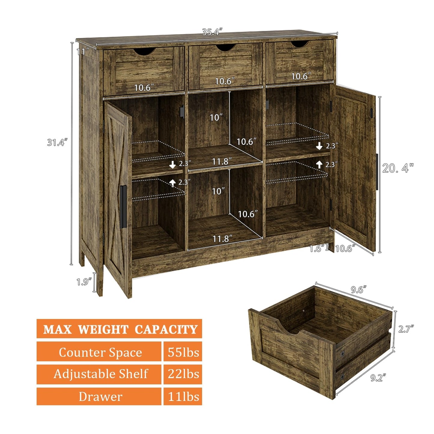 Storage Cabinet with 2 Doors, 3 Drawers, and 2 Adjustable Shelves, Coffee Bar Sideboard for Bathroom, Kitchen, or Living Room, Retro