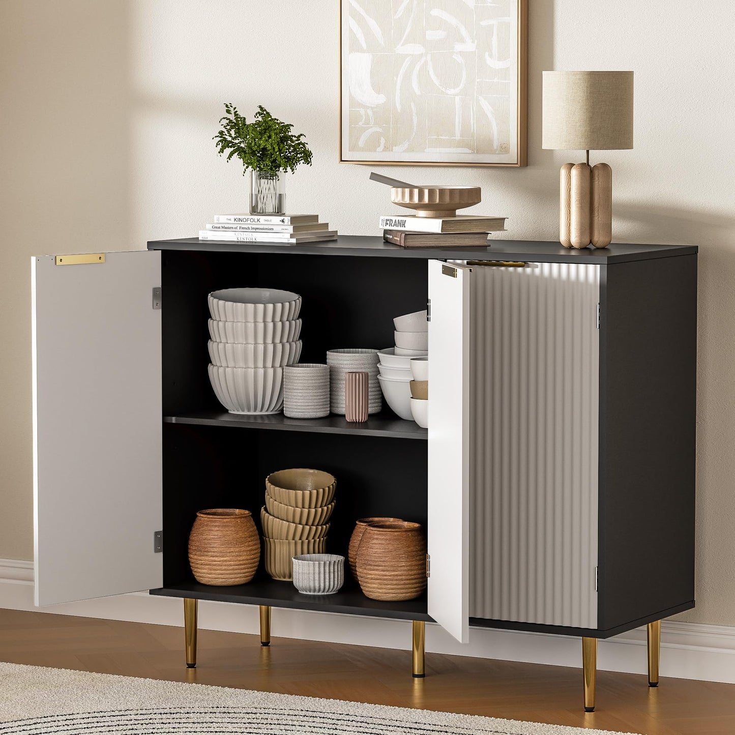 Fluted Sideboard Buffet with 3 Doors and Adjustable Shelves, Modern Kitchen Storage Cabinet with Gold Handles, Coffee Bar for Living Room or Kitchen, Black and White
