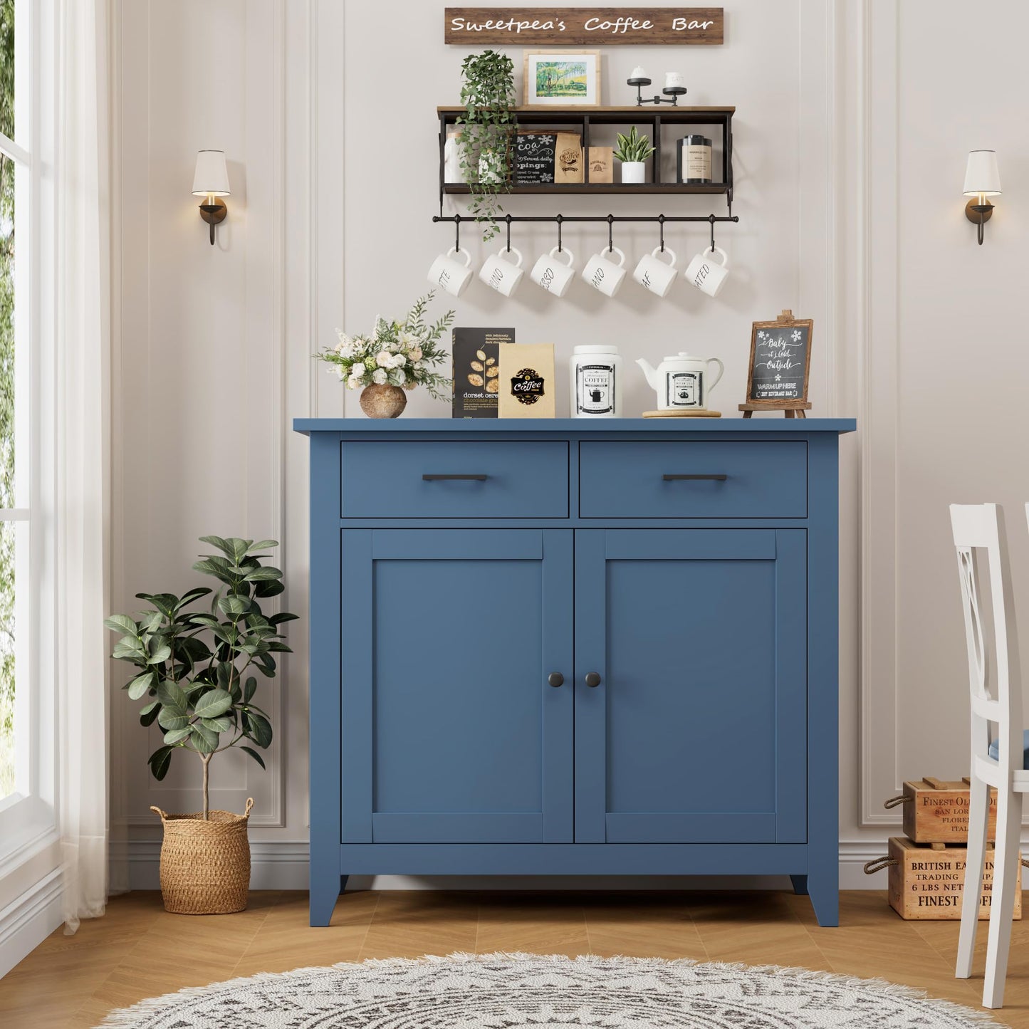 HORSTORS Modern Farmhouse Buffet Cabinet with Storage, Kitchen Sideboard Coffee Bar with 2 Drawers and 2 Doors, Floor Storage Cabinet for Living Room, Dining Room, or Bathroom, Blue
