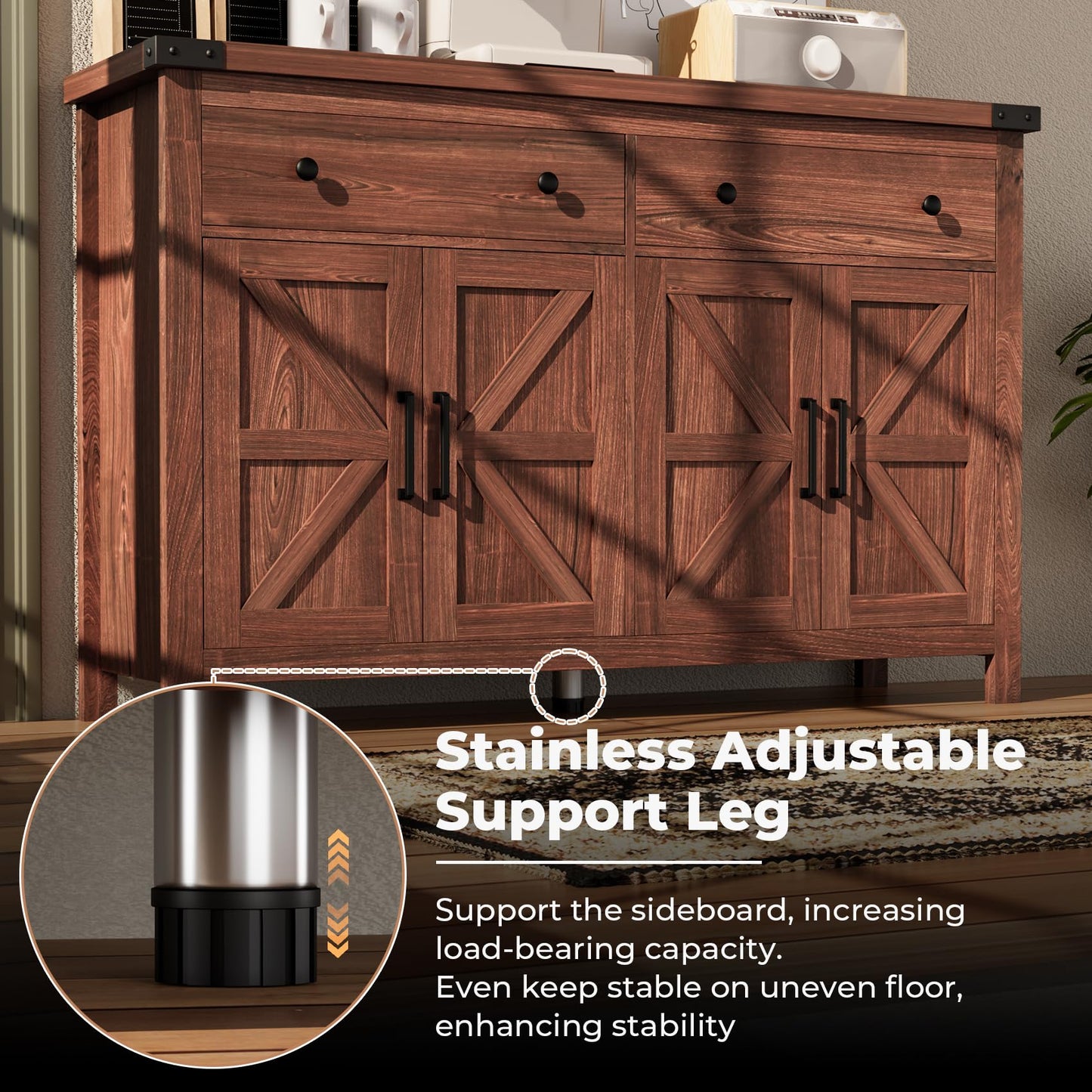 55'' Farmhouse Buffet Cabinet with Storage, Cherry Wood Sideboard Coffee Bar Cabinet with 4 Doors & 2 Drawers, Large Kitchen Storage Cabinet for Dining Room & Living Room