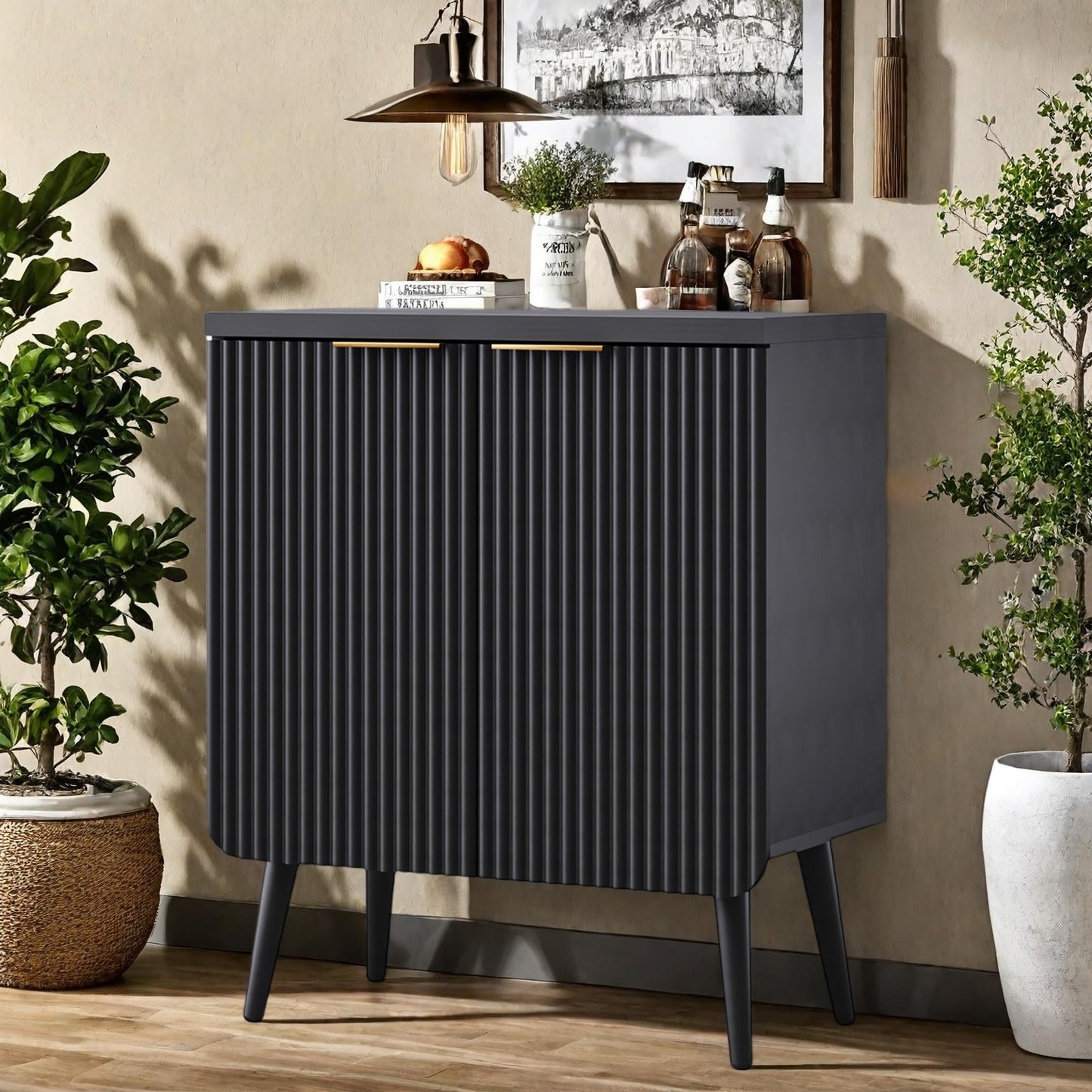 Fluted Buffet Cabinet with Doors and Shelves, Modern Wood Sideboard Coffee Bar Storage for Kitchen, Dining, or Living Room, Black