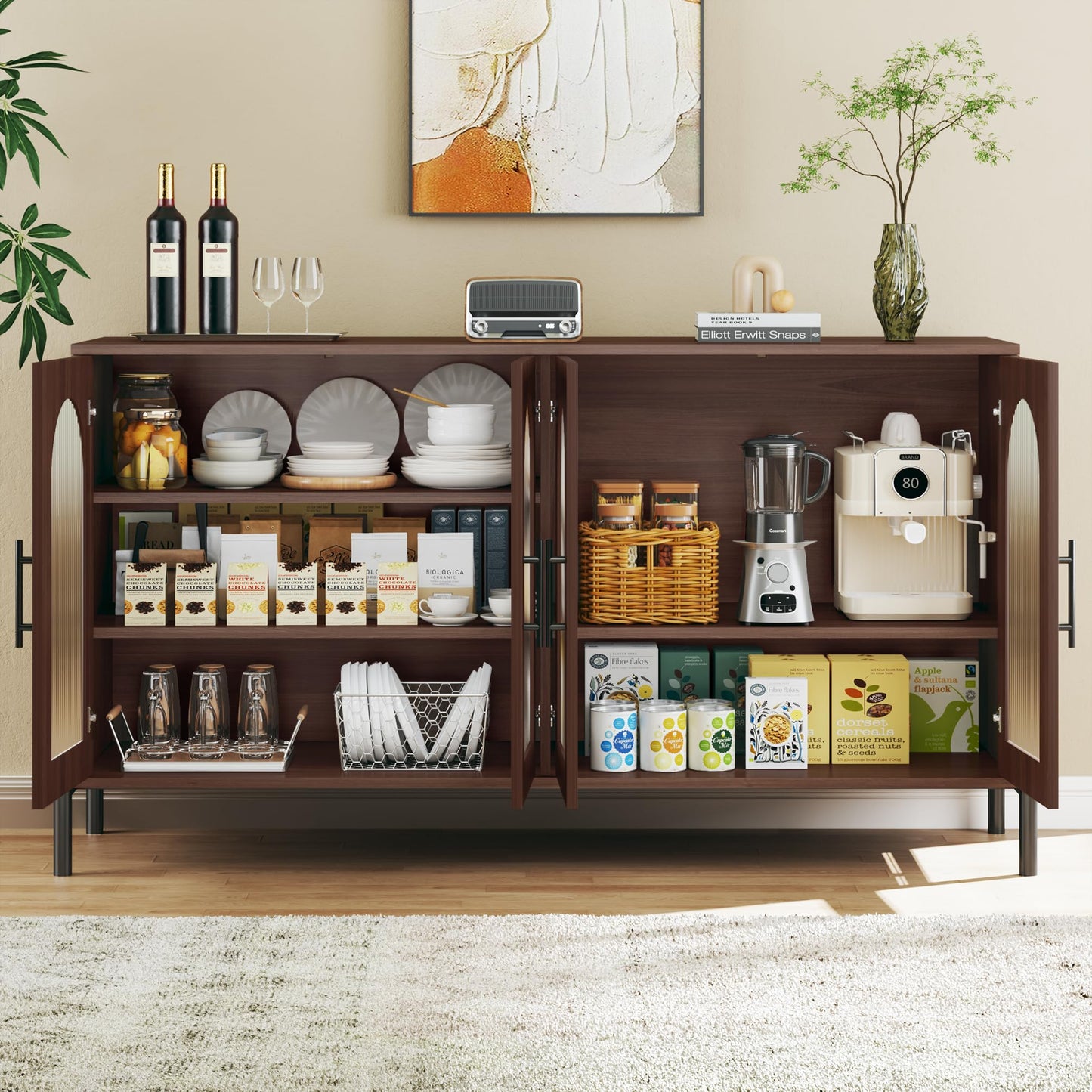 55" Modern Sideboard Buffet Cabinet with 4 Fluted Acrylic Doors and Adjustable Shelves, Wood Console Table for Living Room or Kitchen, Dark Walnut