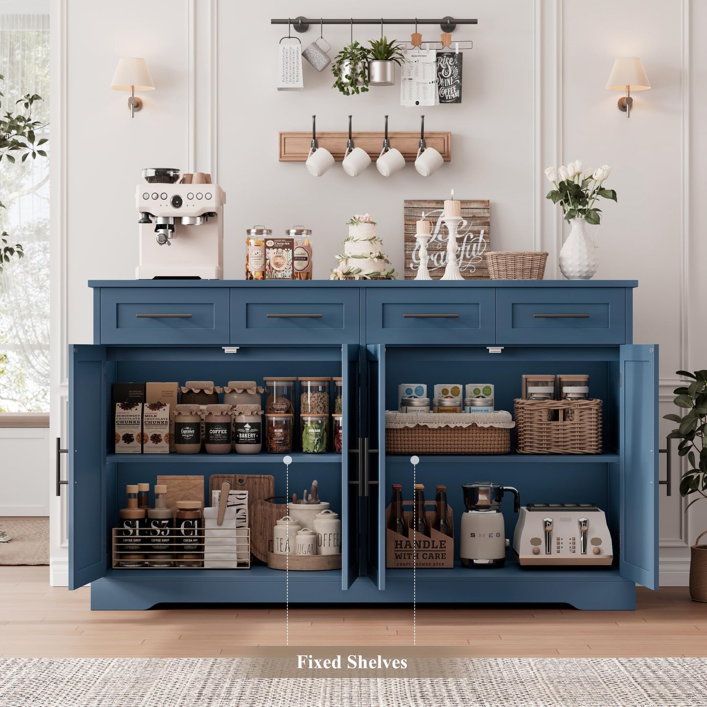 60" Large Buffet Sideboard with 4 Drawers and Storage, 36" Tall Modern Kitchen Cabinet with Silver Handles, Black