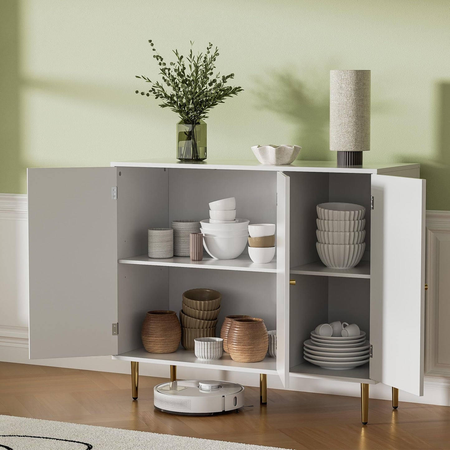 Set of 2 Sideboard Buffet Cabinets with 3 Doors and Adjustable Shelf, Arched Shaker Door Coffee Bar Storage for Living or Dining Room, White