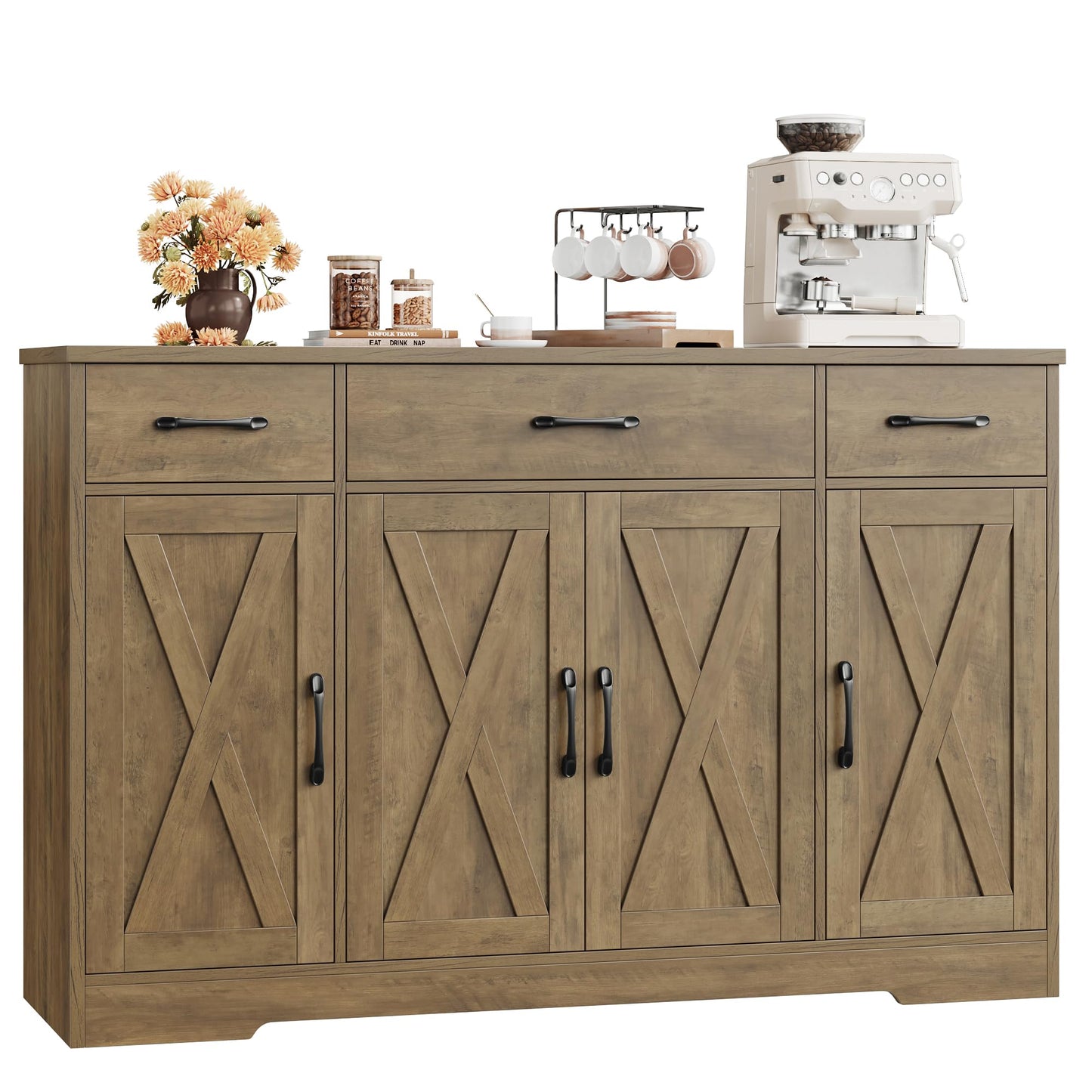 55" Large Buffet Sideboard Cabinet with Drawers, Shelves, and Doors, Modern Farmhouse Coffee Bar Station for Kitchen or Dining Room, Rustic Brown