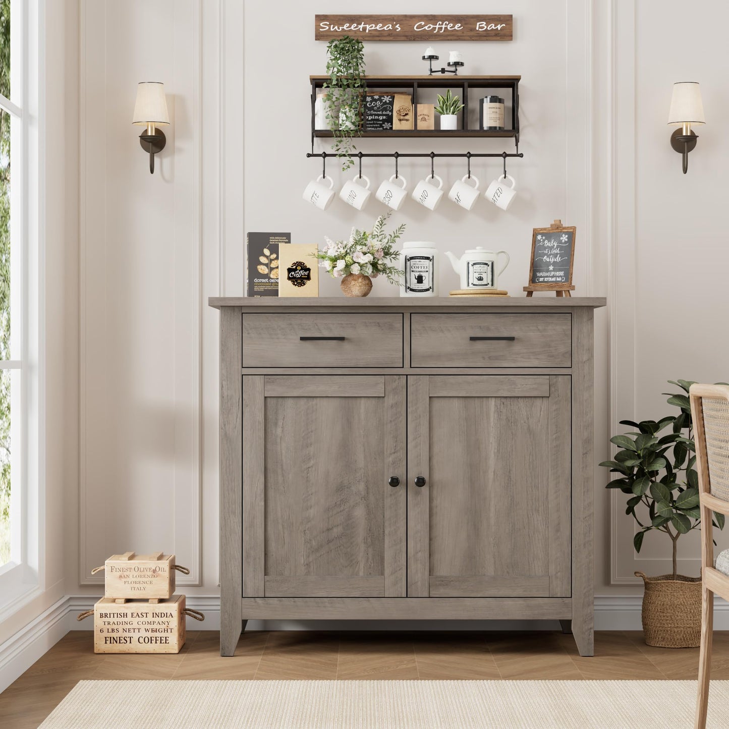 HORSTORS Modern Farmhouse Buffet Cabinet with Storage, Kitchen Sideboard Coffee Bar with 2 Drawers and 2 Doors, Floor Storage Cabinet for Living Room, Dining Room, or Bathroom, Grey