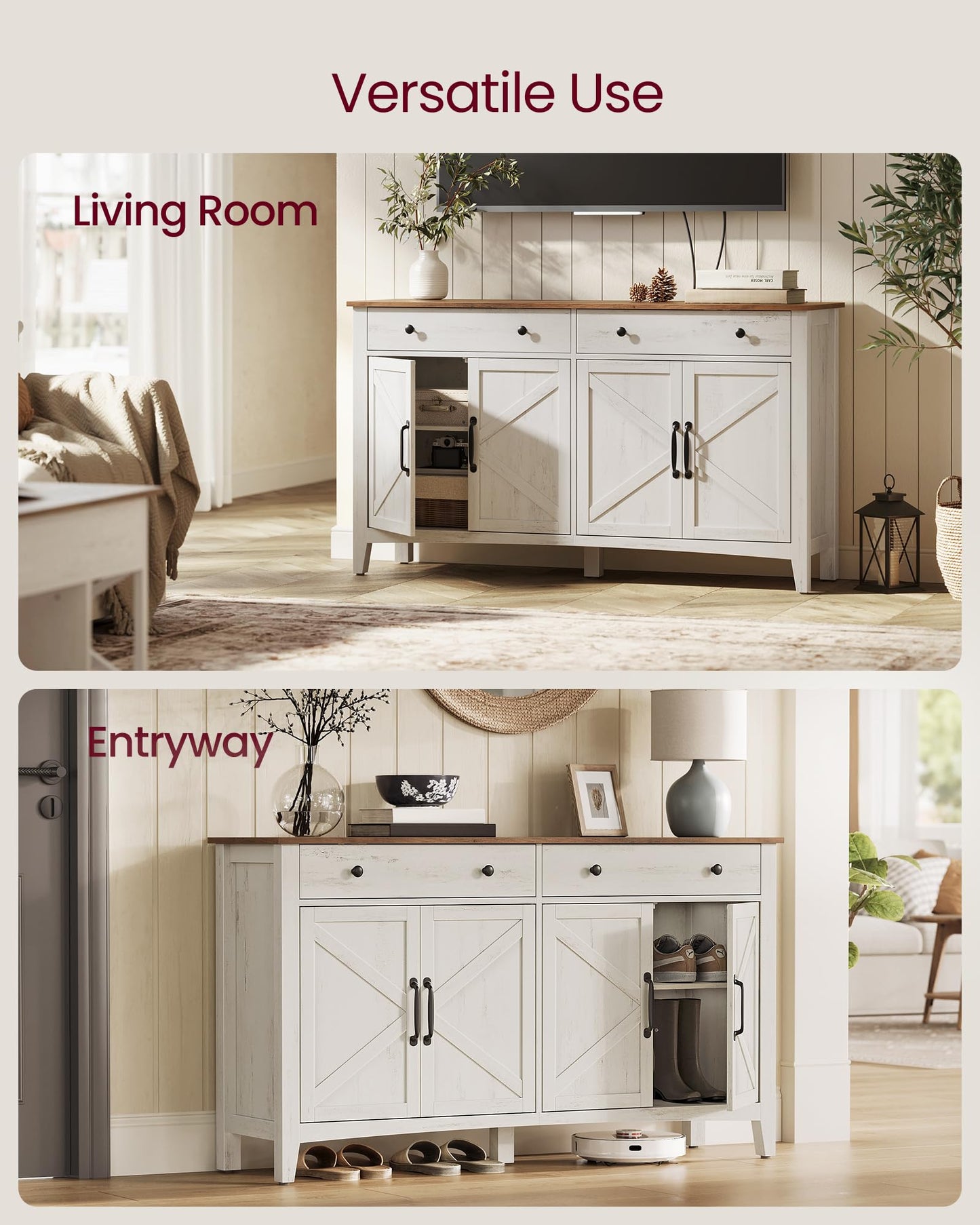 **Buffet Cabinet, Coffee Bar Cabinet with 2 Drawers, Adjustable Shelves, Sideboard Storage with Cable Holes and Drawer Dividers, Rustic White and Honey Brown**