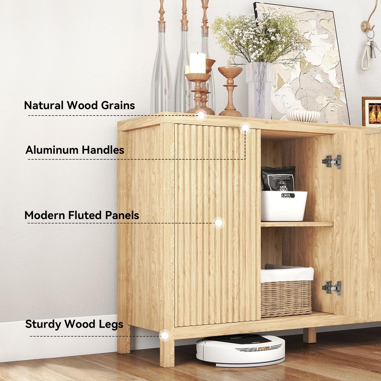 Real Relax Fluted Sideboard Buffet Cabinet with Storage, Modern 55" Credenza with 4 Doors, Adjustable Shelves, Large Coffee Bar Table for Dining Room, Kitchen, Living Room, Natural Oak