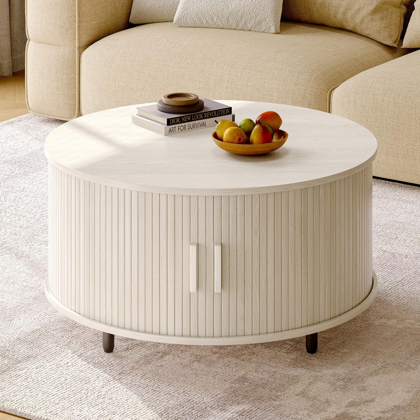 Round Coffee Table with Storage, 31.5" Modern Fluted Wood Table with 360° Sliding Door and Adjustable Footpads, Natural White