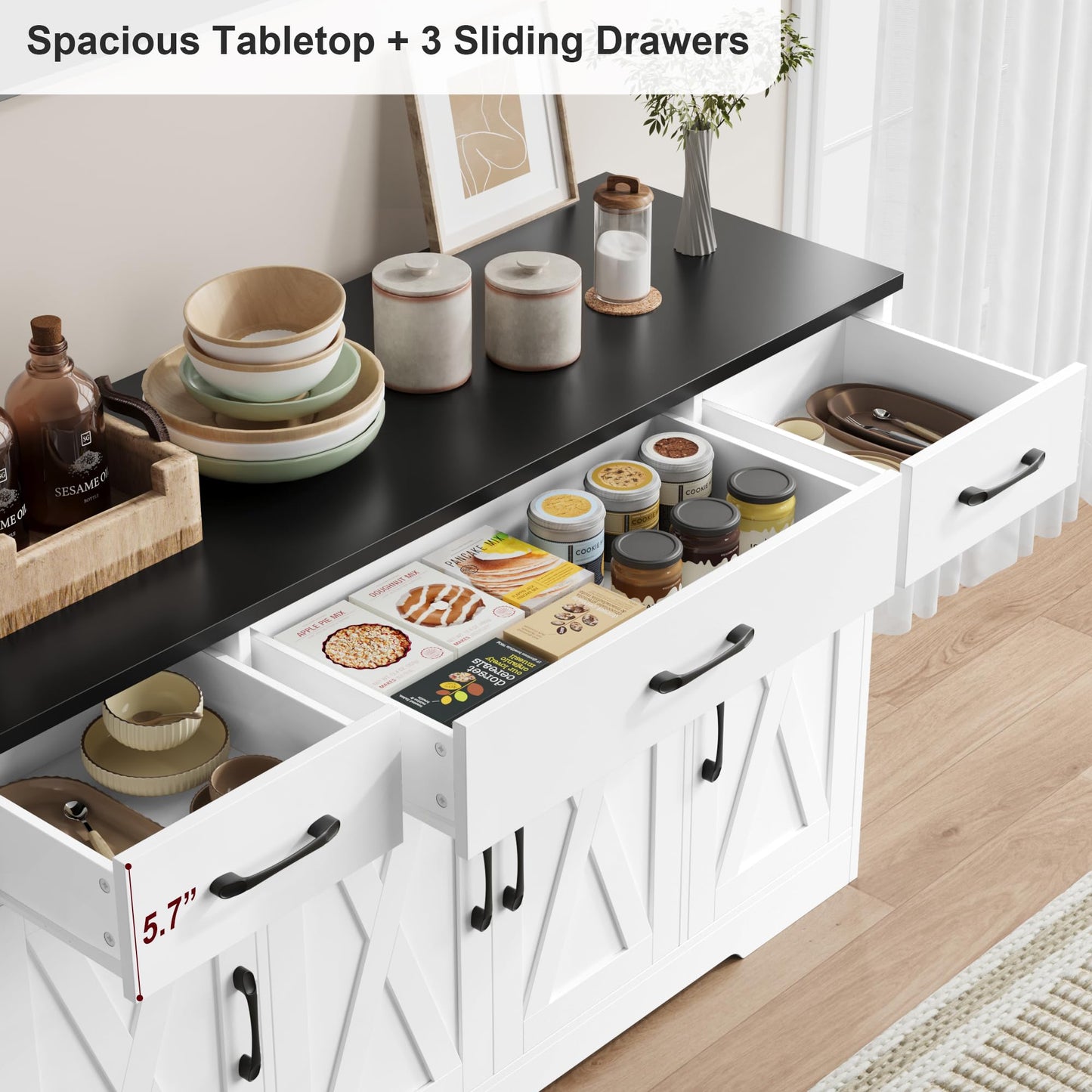 55" Large Buffet Sideboard Cabinet with Drawers, Shelves, and Doors, Modern Farmhouse Coffee Bar Station for Kitchen or Dining Room, White/Black