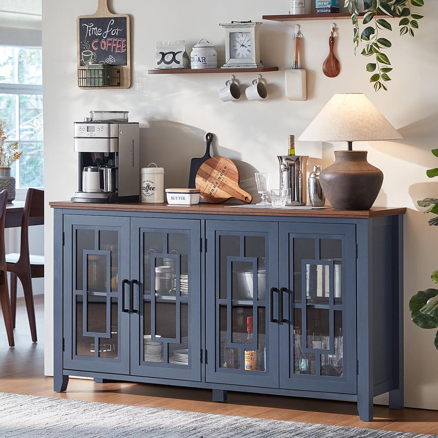 **63" Large Farmhouse Sideboard Buffet Cabinet with Storage, Navy Blue Wood Coffee & Wine Bar Cabinet with 4 Glass Doors, Mid-Century Modern Sideboard for Dining Room or Living Room**