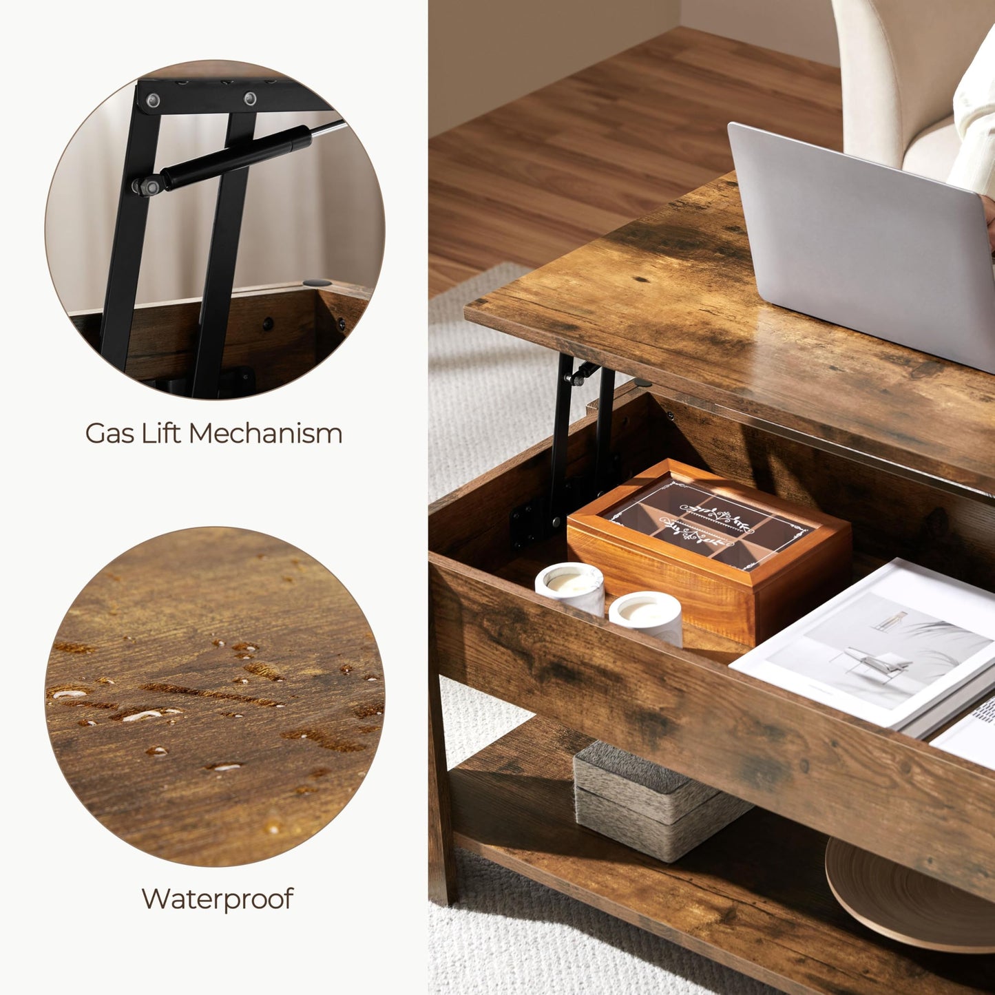 Yaheetech 47.5" Lift Top Coffee Table with Hidden Compartment & Storage Shelf – Rising Tabletop Convertible Dining Table for Living Room or Reception, Rustic Brown