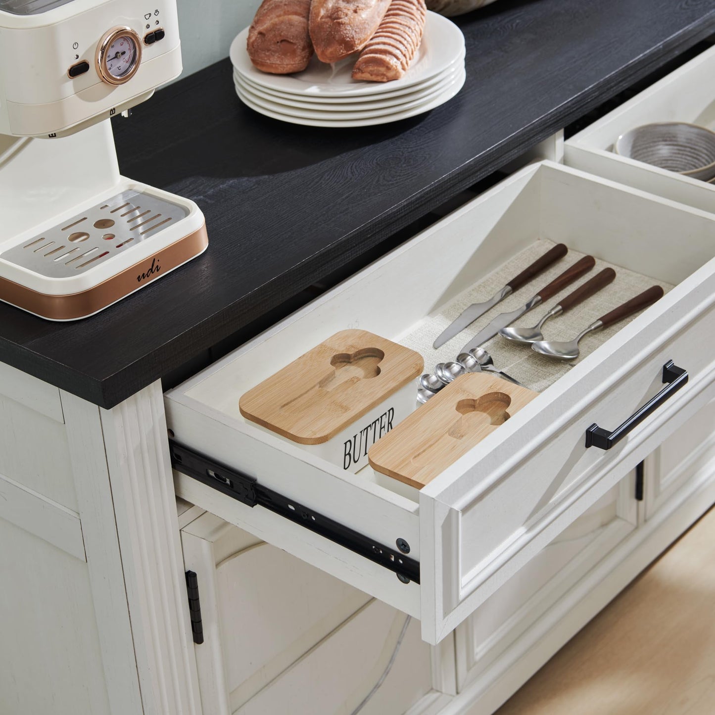 55" Large Buffet Sideboard Cabinet with 3 Doors and 2 Drawers, Storage Buffet Table for Dining or Living Room, Off White
