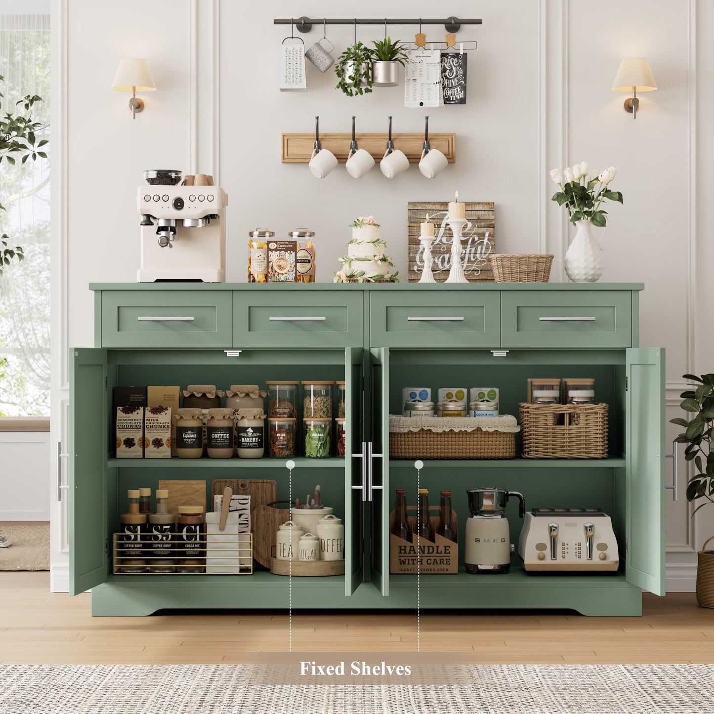 60" Large Buffet Sideboard with 4 Drawers and Storage, 36" Tall Modern Kitchen Cabinet with Gold Handles, Green