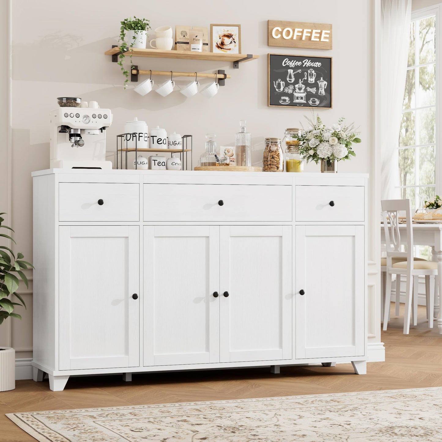 **HIFIT 55" Large Kitchen Buffet Cabinet with Storage, Modern Sideboard with Drawers, Doors, and Shelves, Wood Coffee Bar Cabinet for Kitchen, Dining, or Living Room, White**