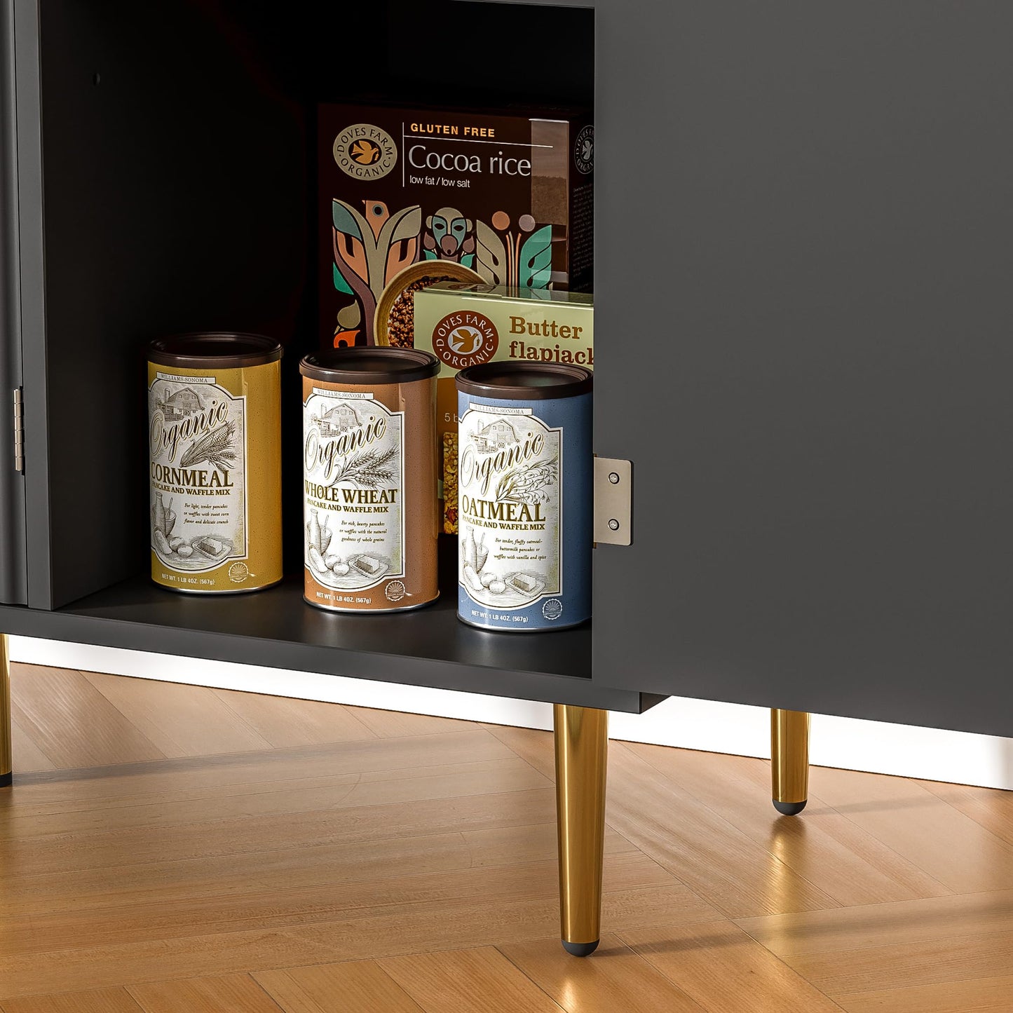 Fluted Sideboard Buffet with 3 Doors and Adjustable Shelves, Modern Kitchen Storage Cabinet with Gold Handles, Coffee Bar for Living Room or Kitchen, Black