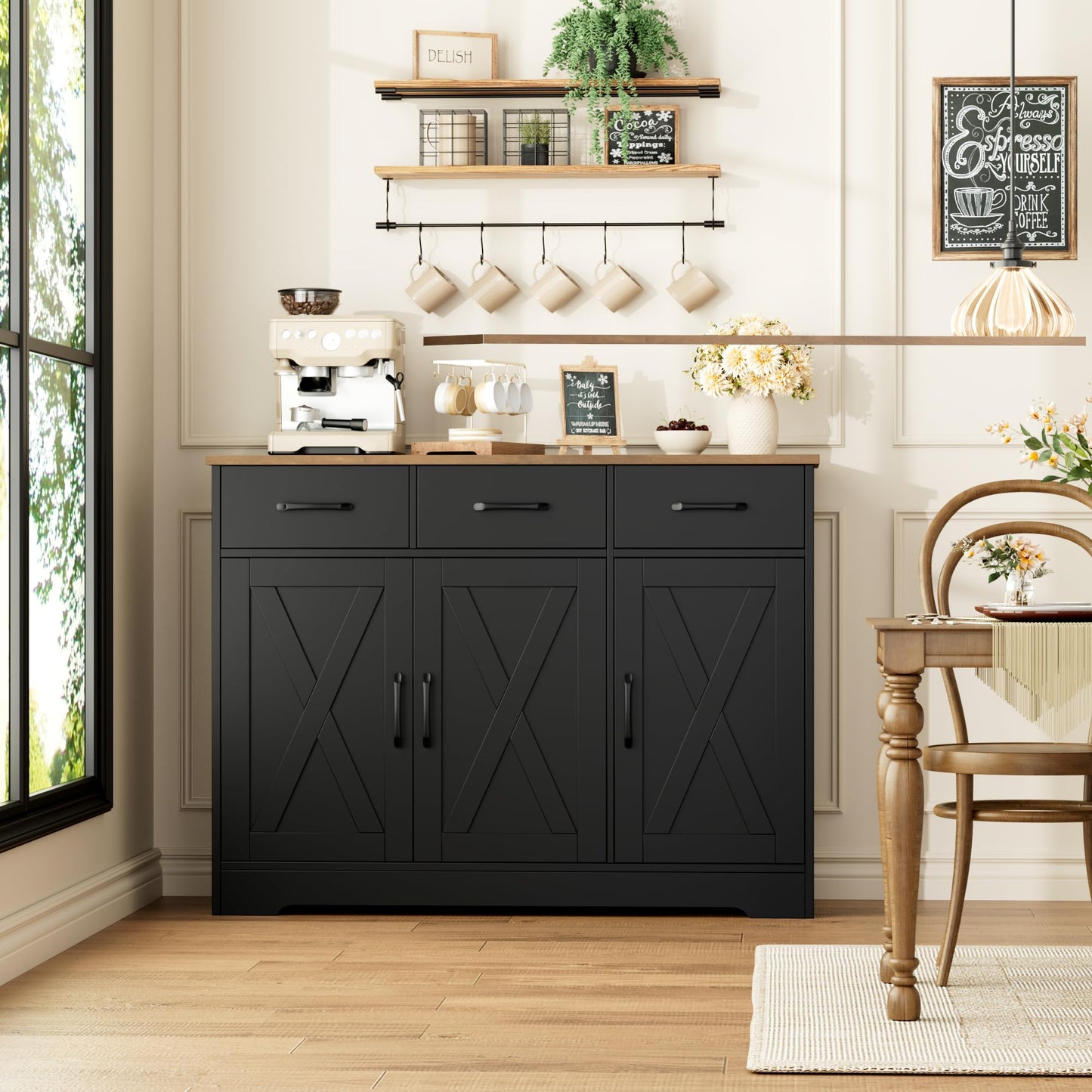 **HOSTACK Modern Farmhouse Buffet Sideboard Cabinet with Barn Doors, Drawers, and Shelves, Wood Coffee Bar Storage Cabinet for Dining Room, Kitchen, or Living Room, Ash Grey**