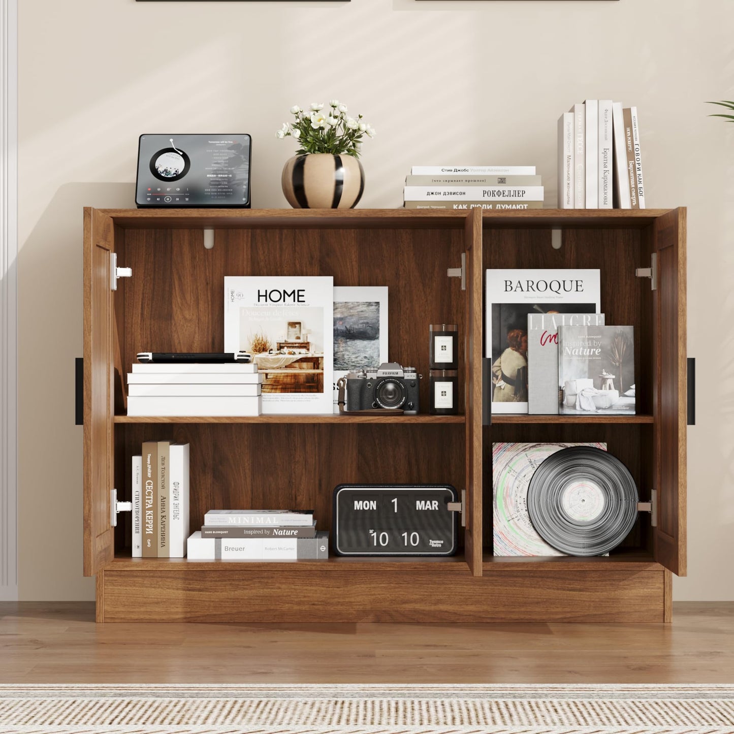 43" Brown Buffet Cabinet with 3 Doors and Adjustable Shelf, Modern Coffee Bar Sideboard for Kitchen or Living Room