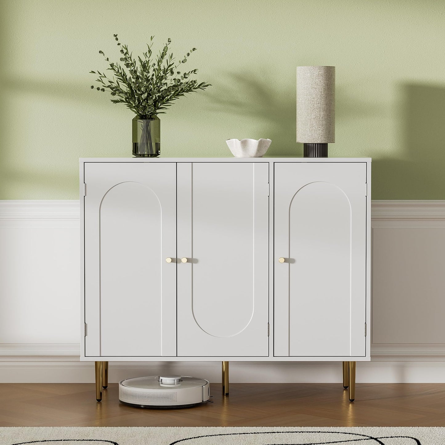 Set of 2 Sideboard Buffet Cabinets with 3 Doors and Adjustable Shelf, Arched Shaker Door Coffee Bar Storage for Living or Dining Room, White