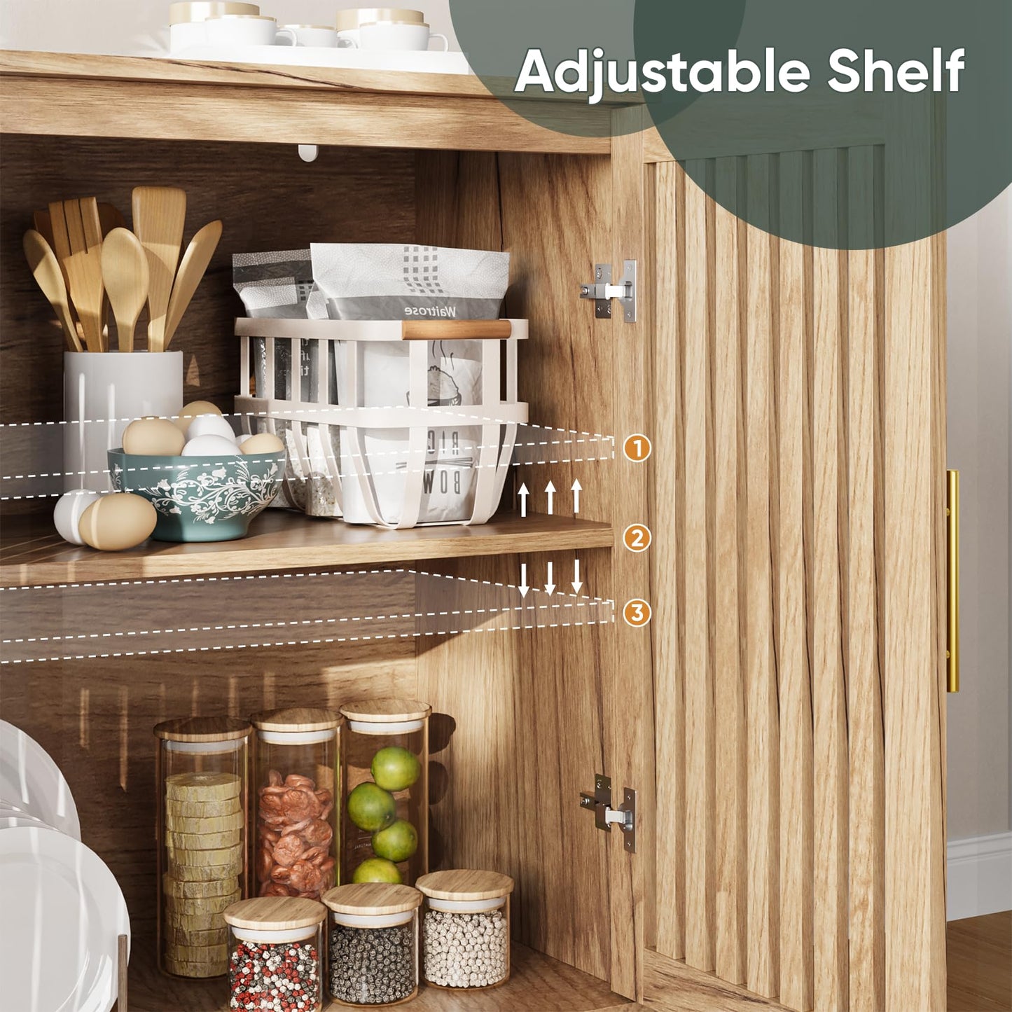 63" Sideboard Buffet with 4 Louvered Doors and Gold Handles, Farmhouse Coffee Bar Storage Cabinet for Entryway, Kitchen, Dining, or Living Room, Walnut