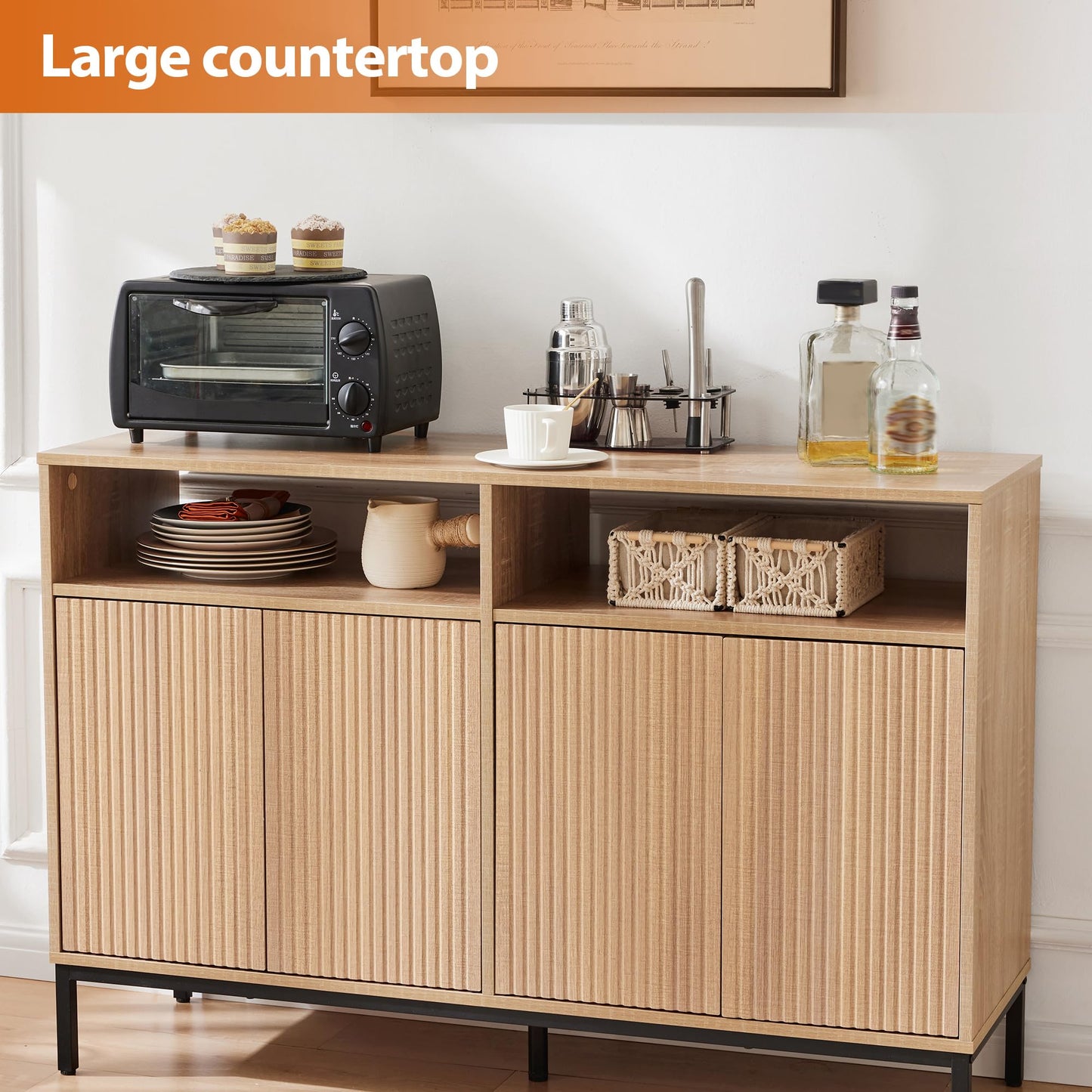 Farmhouse Buffet Sideboard Cabinet with Storage, Fluted Natural Coffee Bar Station Table with Doors and Adjustable Shelves, Modern Wood Cupboard for Kitchen