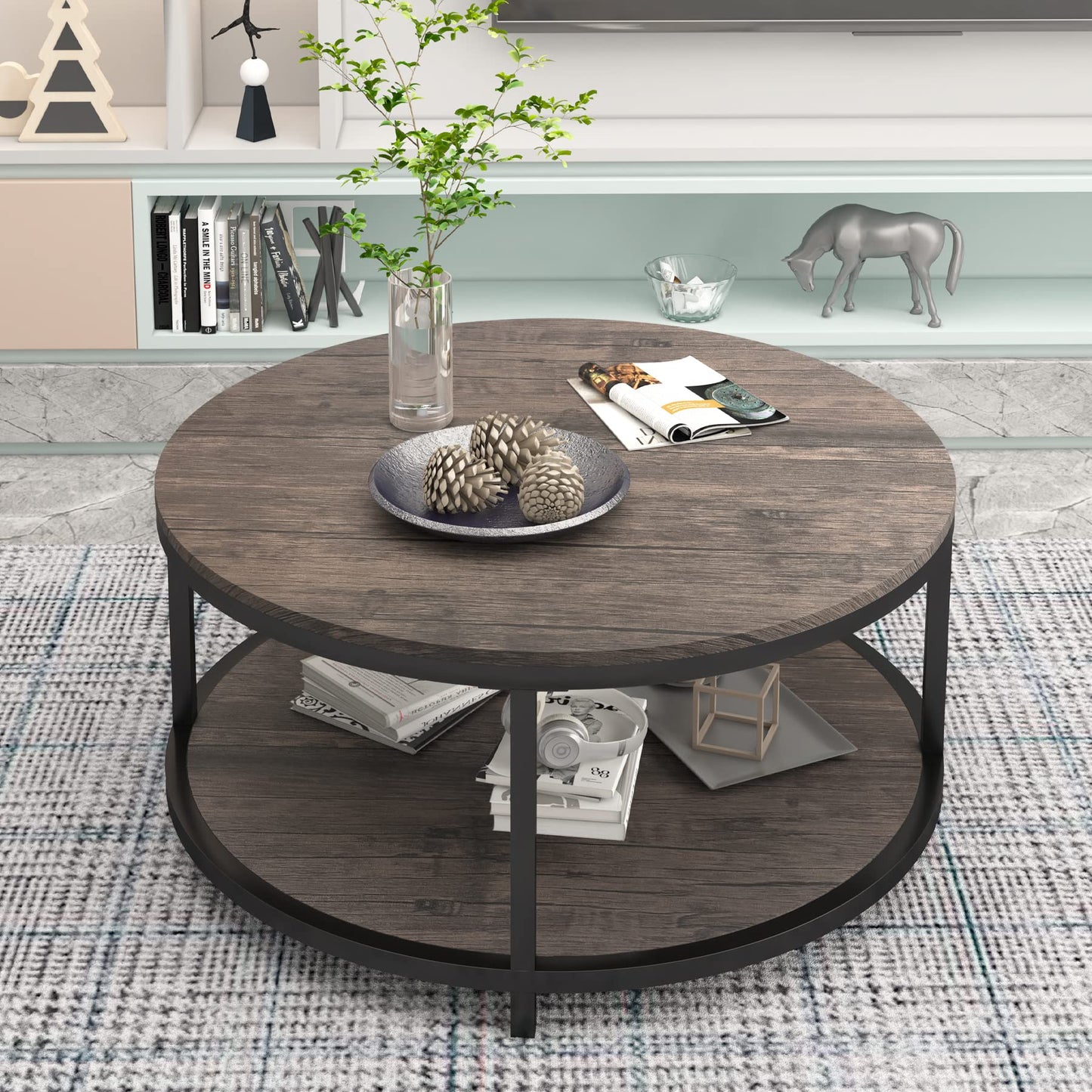 NSdirect 36" Round Coffee Table for Living Room – 2-Tier Rustic Light Walnut Wood Table with Storage Shelf, Modern Home Furniture
