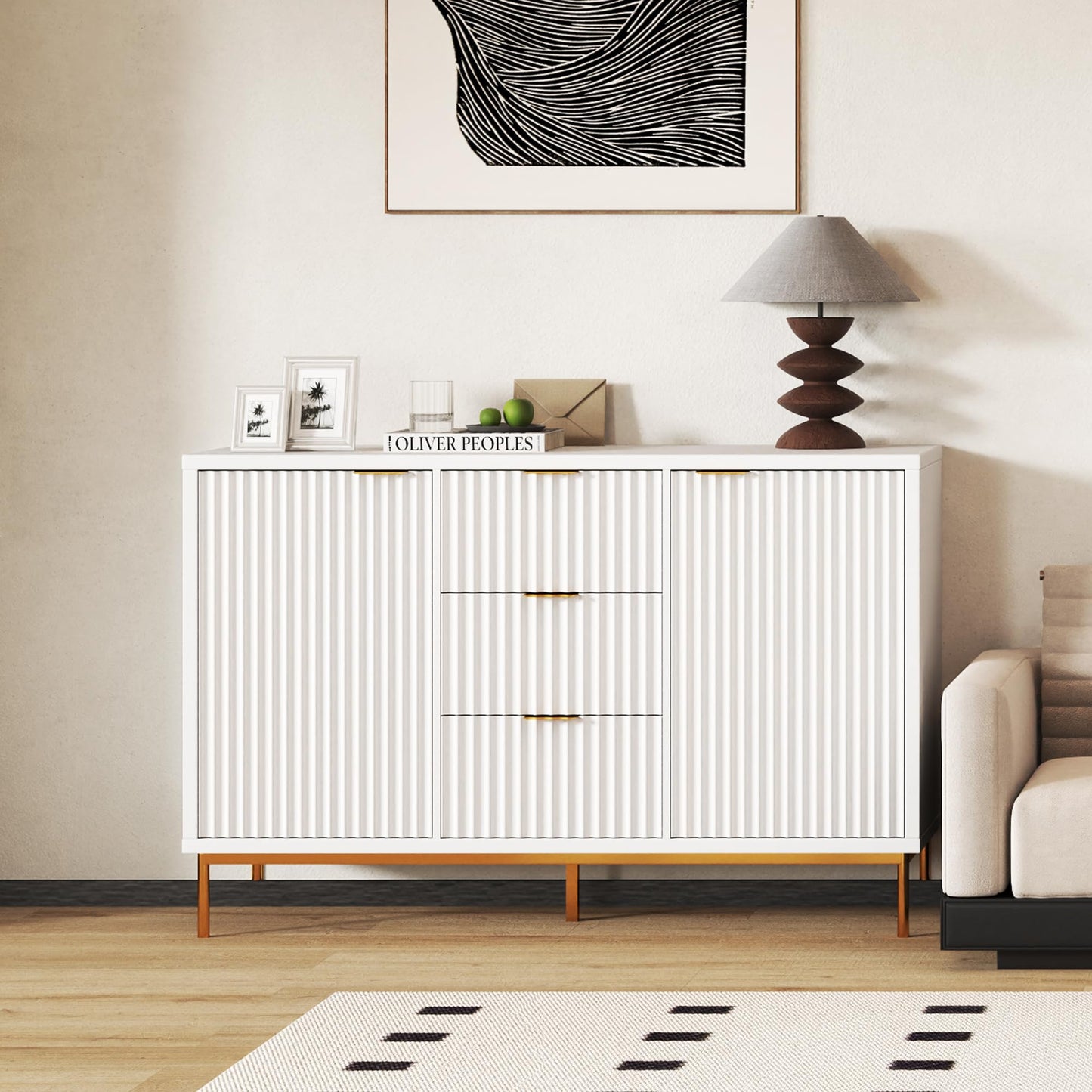 Fluted Buffet Cabinet with 2 Doors, 3 Drawers and Adjustable Shelf, 47" Modern Sideboard Coffee Bar Table for Kitchen and Living Room, White