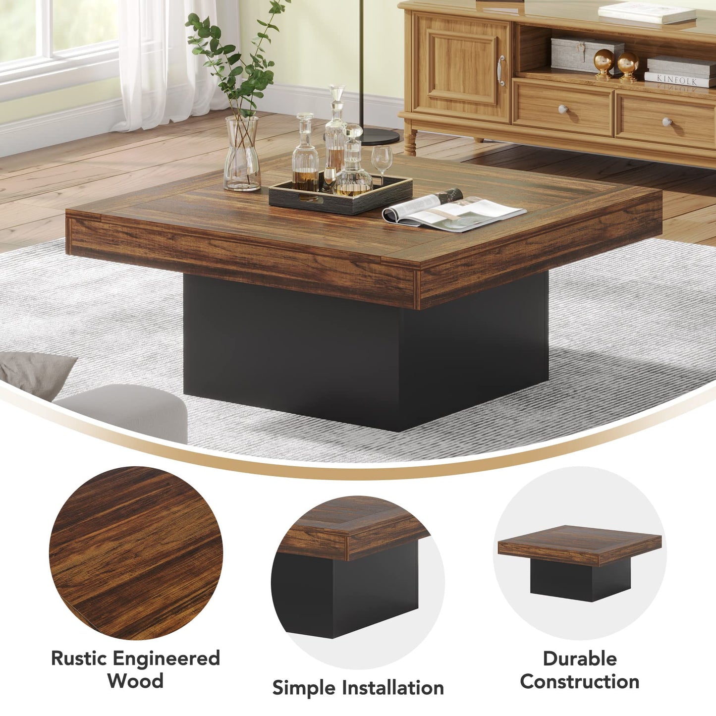 Tribesigns Square LED Coffee Table – Rustic Brown & Black Engineered Wood Low Center Cocktail Table for Living Room