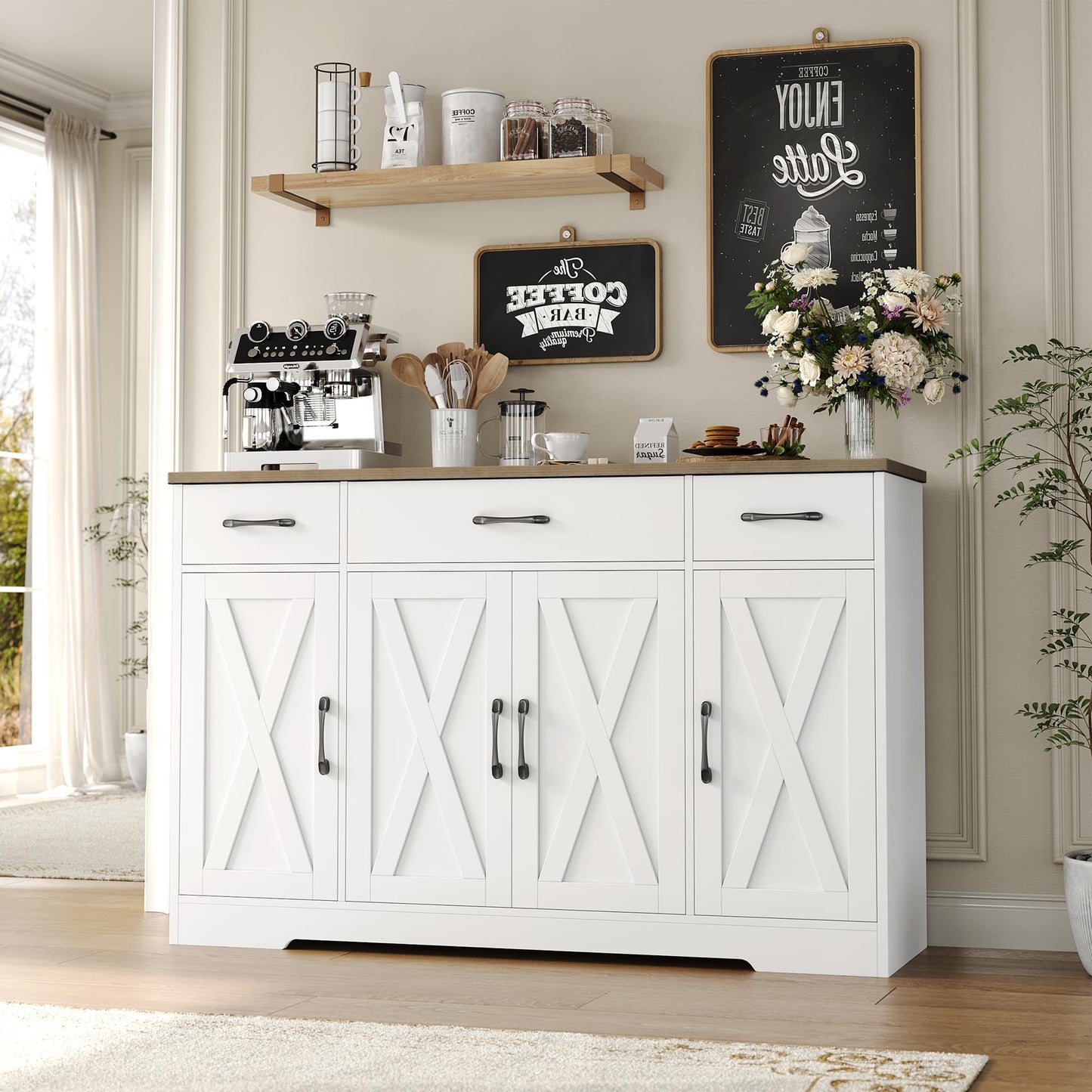 55" Large Buffet Sideboard Cabinet with Drawers, Shelves, and Doors, Modern Farmhouse Coffee Bar Station for Kitchen or Dining Room, White/Rustic