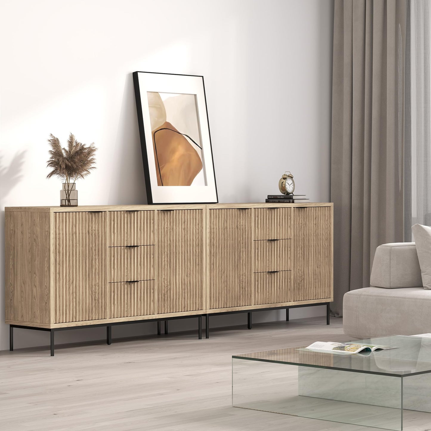 **Real Relax Sideboard Buffet Cabinet with Storage, Modern Fluted Sideboard with 2 Doors and 3 Drawers, Coffee Bar Accent Storage Credenza for Kitchen, Dining Room, and Living Room, Oak**