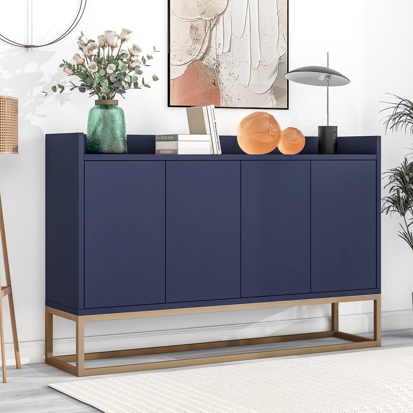 Modern Wood Sideboard Buffet Cabinet with Doors, Adjustable Shelves, and Metal Base, Kitchen Storage for Small Spaces, Navy Blue