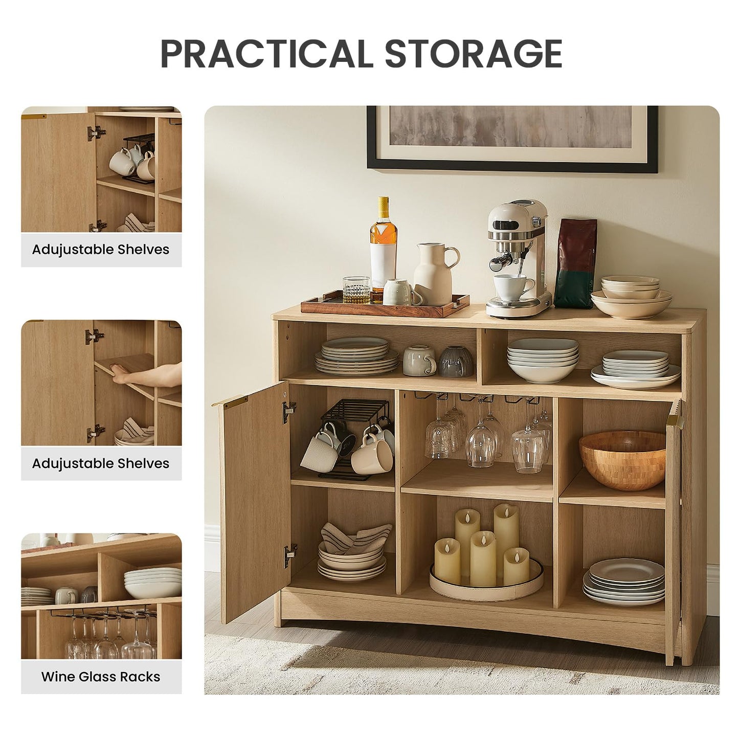 Coffee Bar Cabinet with Wine Glass Rack, 47" Buffet Sideboard with Adjustable Shelves and Soft-Close Hinges, Holds 200 lbs, Natural Oak
