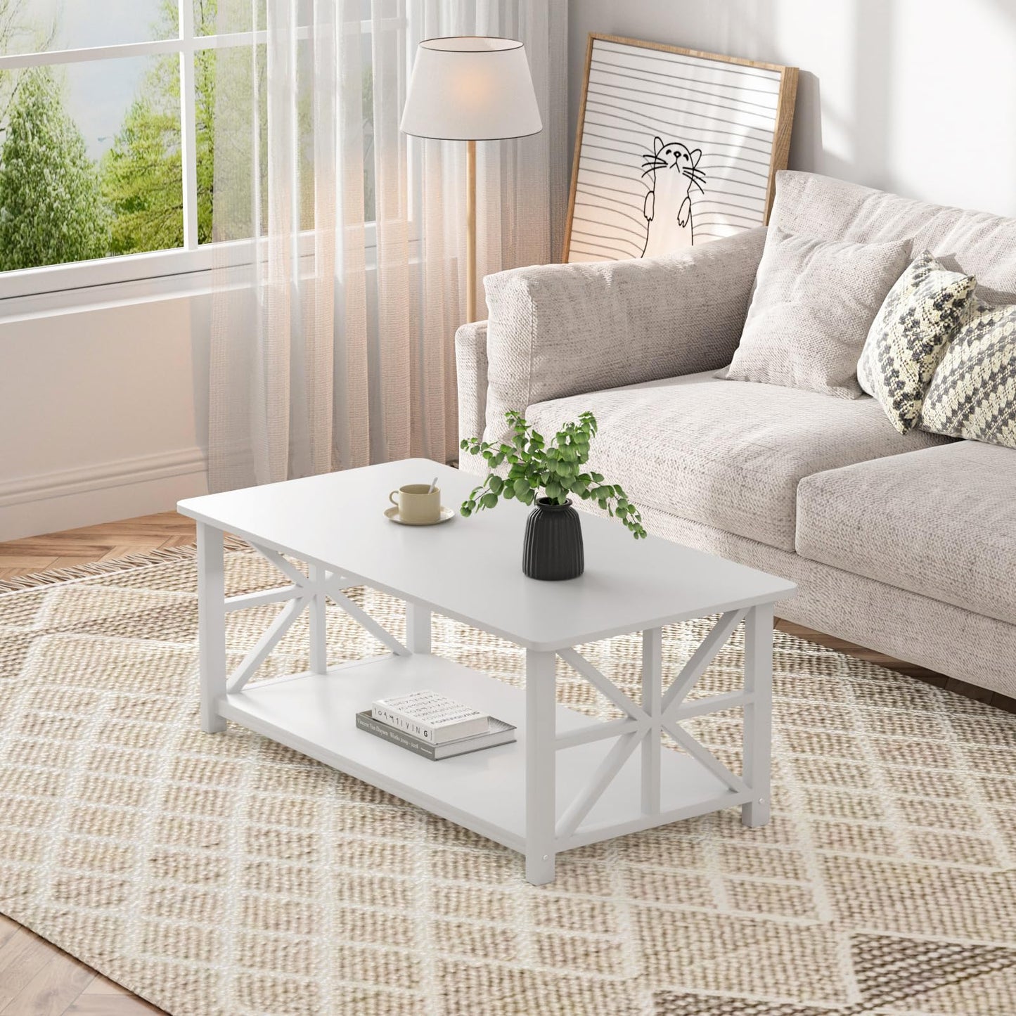 GreenForest 39" Coffee Table for Living Room with Round Corners, Farmhouse Style Center Table with 2-Tier Storage Shelf, Space-Saving & Easy Assembly, Full White