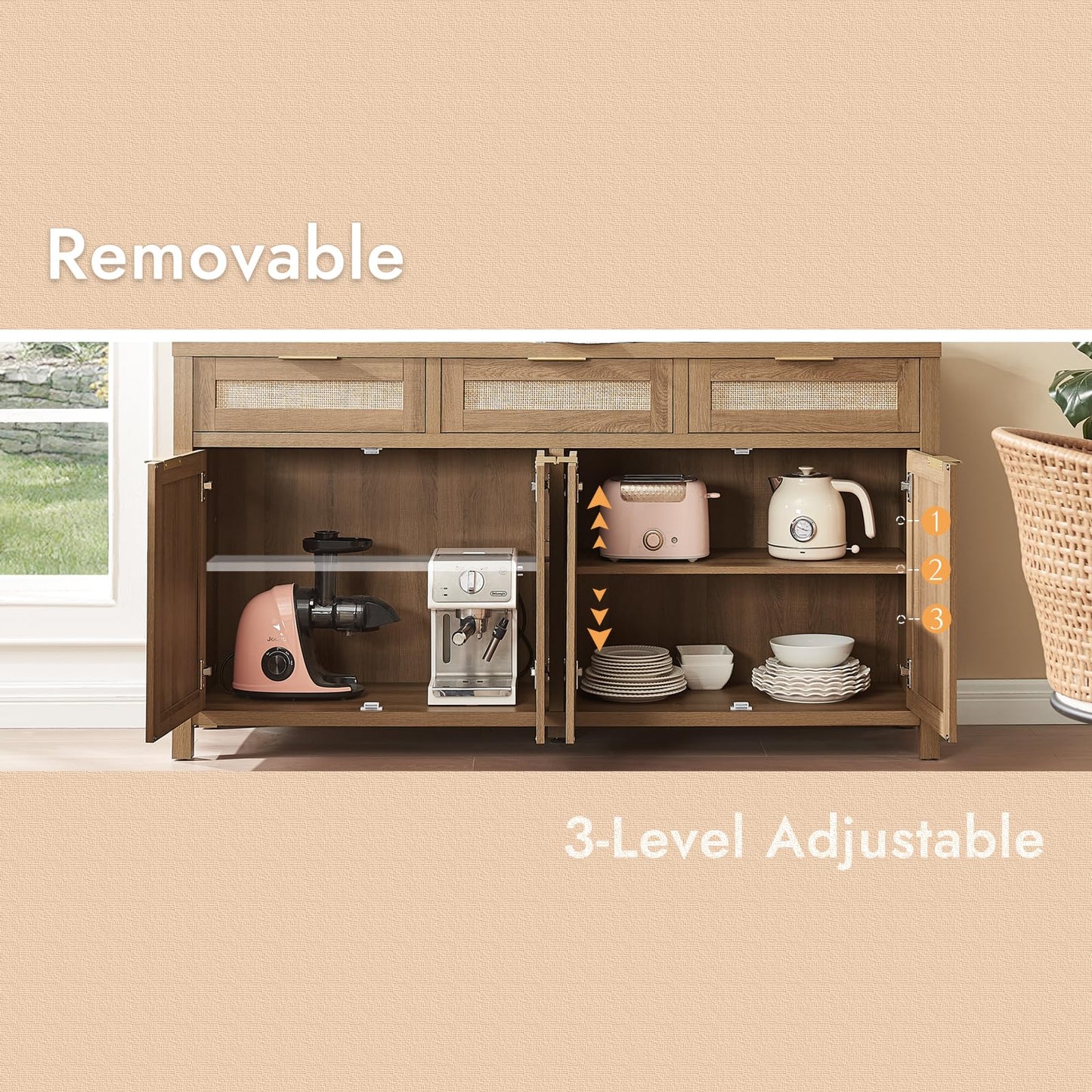 Boho Rattan Sideboard Buffet Cabinet with 4 Doors and 3 Drawers, Farmhouse Storage Credenza with Adjustable Shelves for Living Room, Hallway, or Kitchen