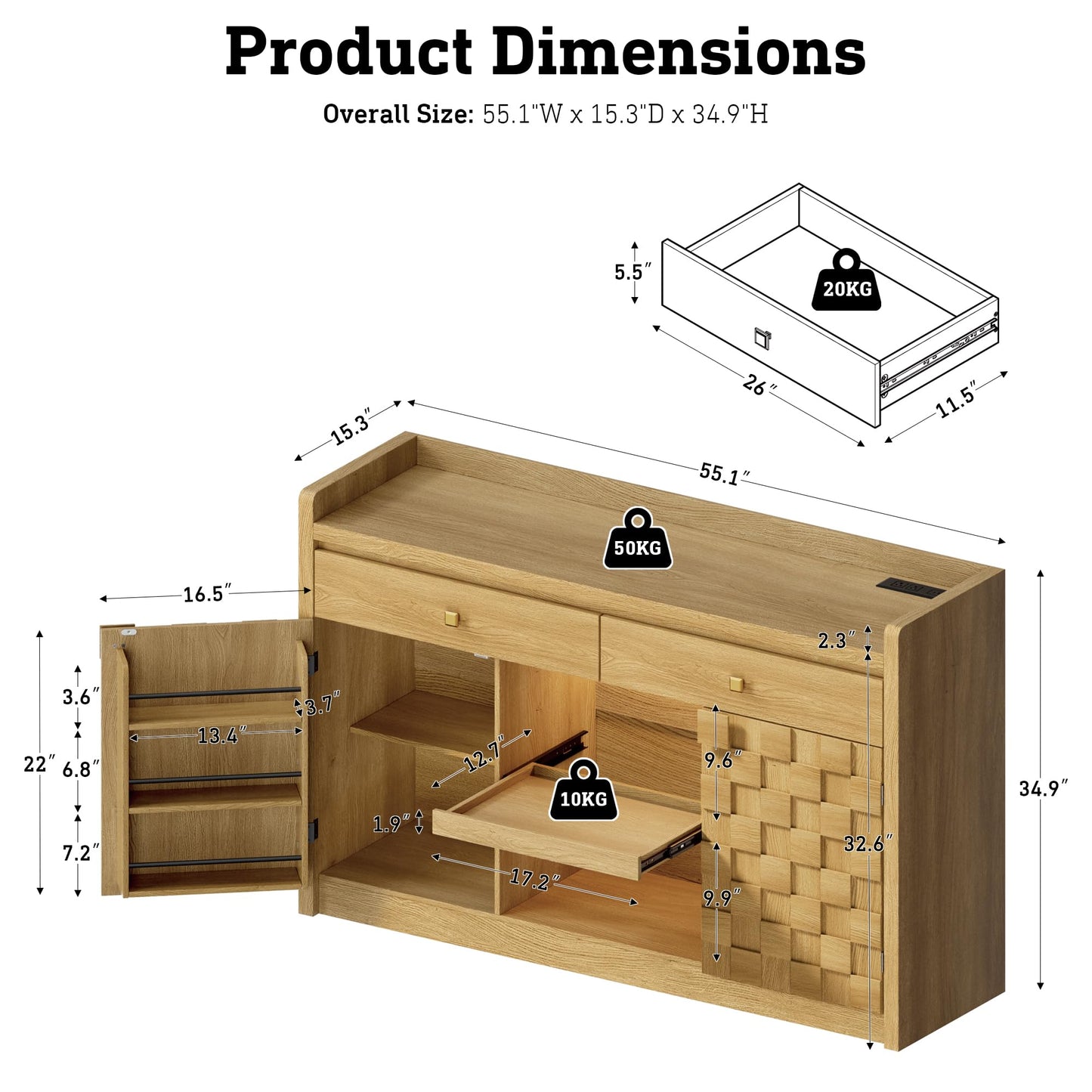 55" Fluted Sideboard Buffet Cabinet with Charging Station and LED Light, 2 Drawers, Pull-Out Shelf, and Spice Rack, Modern Kitchen Storage, Original Oak
