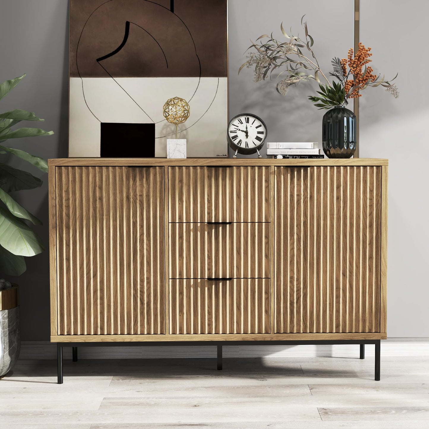 **Fluted Buffet Cabinet with Storage, Modern Sideboard with 2 Doors, 3 Drawers, and Adjustable Shelf, Coffee Bar Cabinet Credenza Buffet Table for Kitchen and Living Room, Oak**
