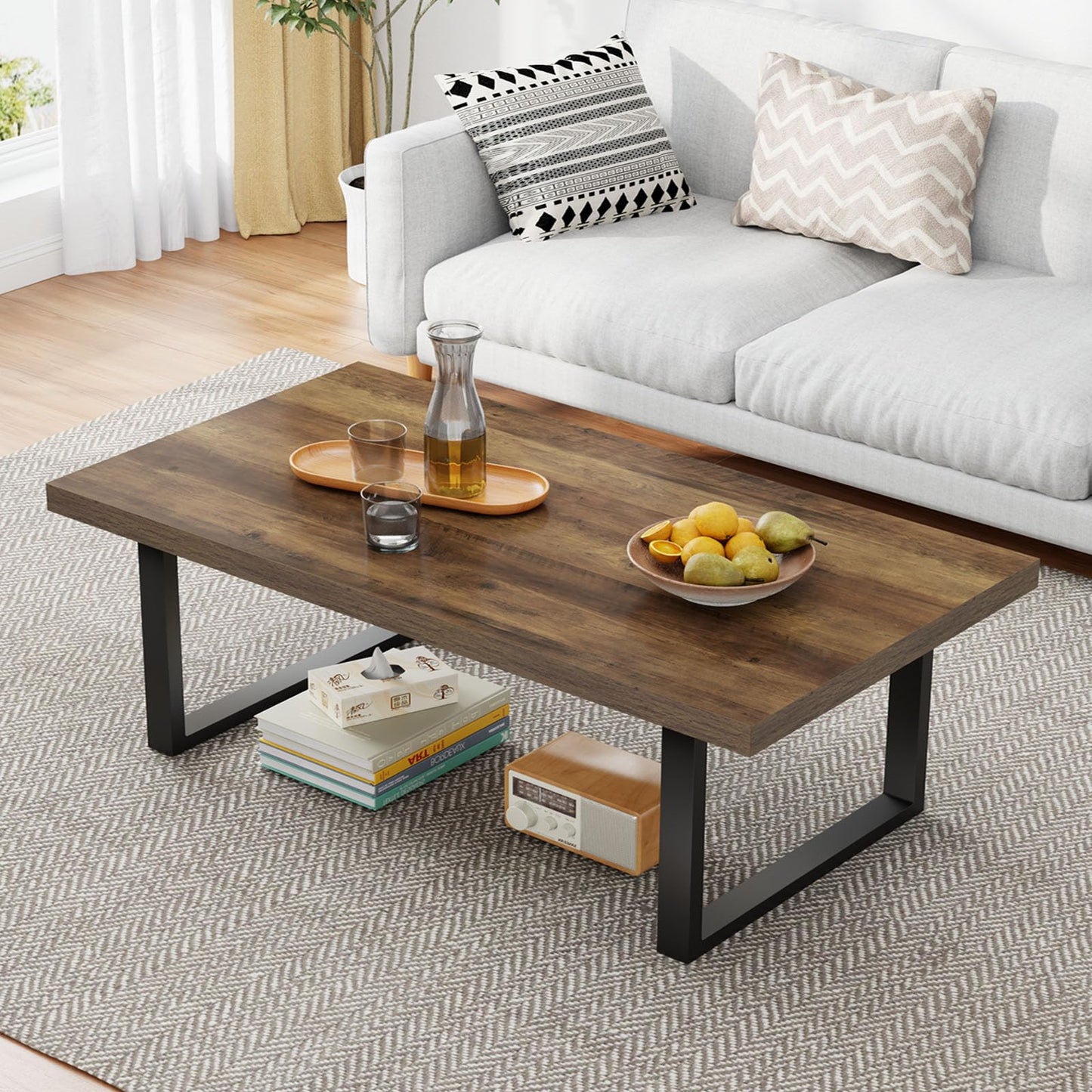 IBF 47" Farmhouse Coffee Table – Modern Industrial Wood and Metal Rectangle Center Table, Simple Rustic Oak Tea Table for Living Room, Bedroom, or Office