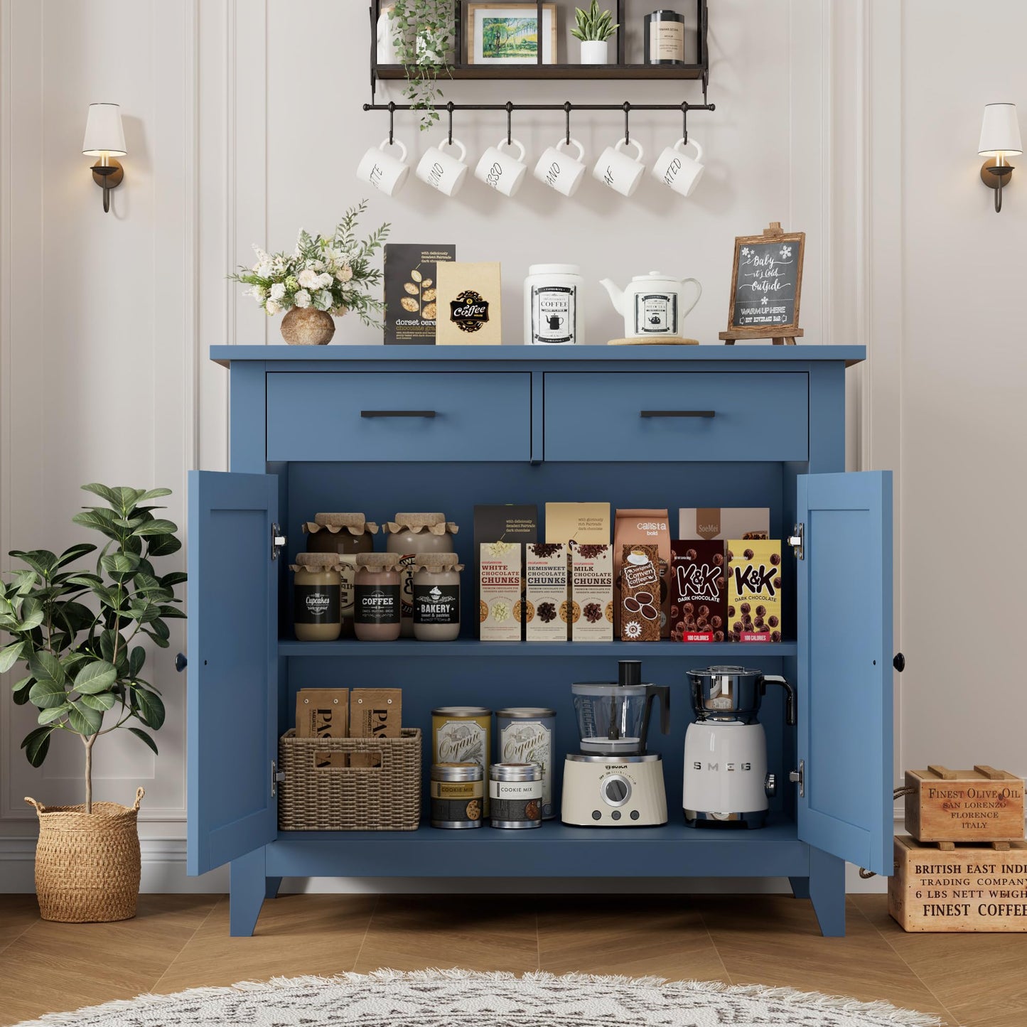 HORSTORS Modern Farmhouse Buffet Cabinet with Storage, Kitchen Sideboard Coffee Bar with 2 Drawers and 2 Doors, Floor Storage Cabinet for Living Room, Dining Room, or Bathroom, Blue