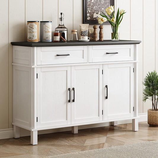 48" Farmhouse Buffet Sideboard Cabinet with 2 Drawers and 3 Doors, Wood Coffee Bar Cabinet with Adjustable Shelves for Kitchen or Living Room, Off White & Black