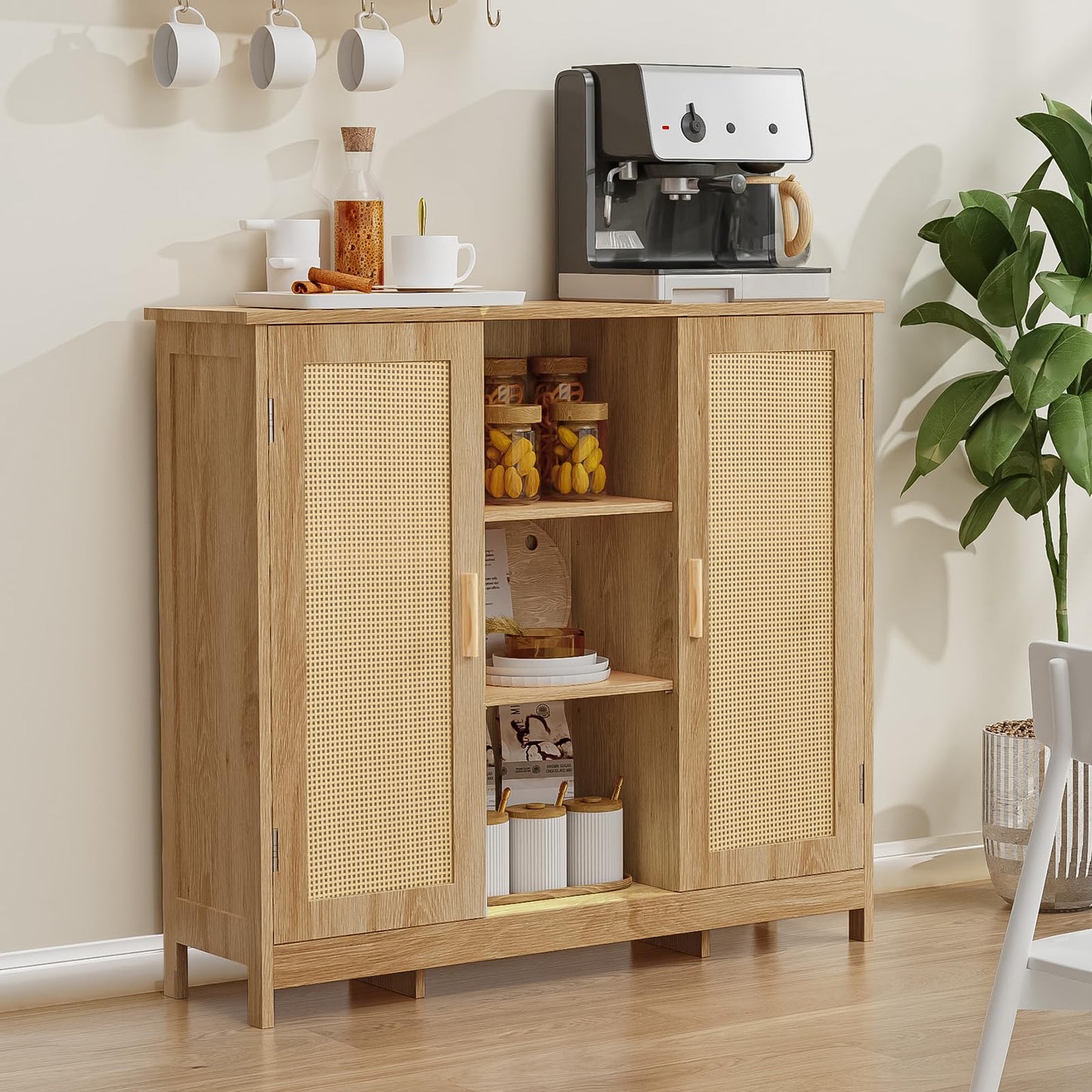 Rattan Storage Cabinet with 4 Adjustable Shelves, Coffee Bar Sideboard Buffet for Kitchen, Living Room, or Entryway, Natural
